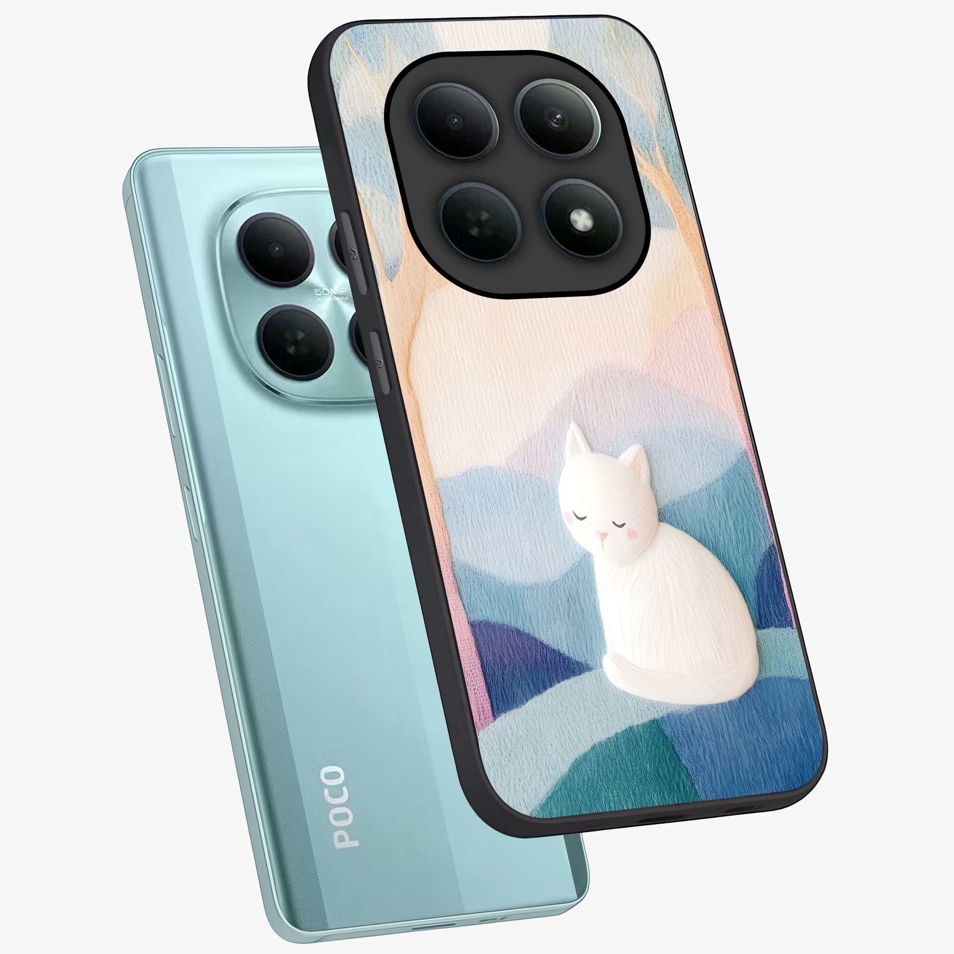 Cotton Dream Cat Glass Case displayed in angled mockup highlighting cute feline illustration with pastel aesthetic style.
