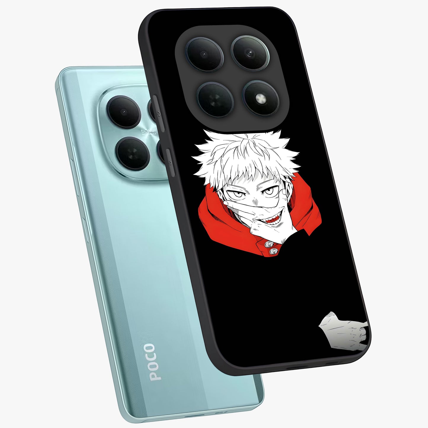 Crimson Chaos Smile Glass Case displayed in angled mockup highlighting edgy crimson smile design with graphic aesthetic.
