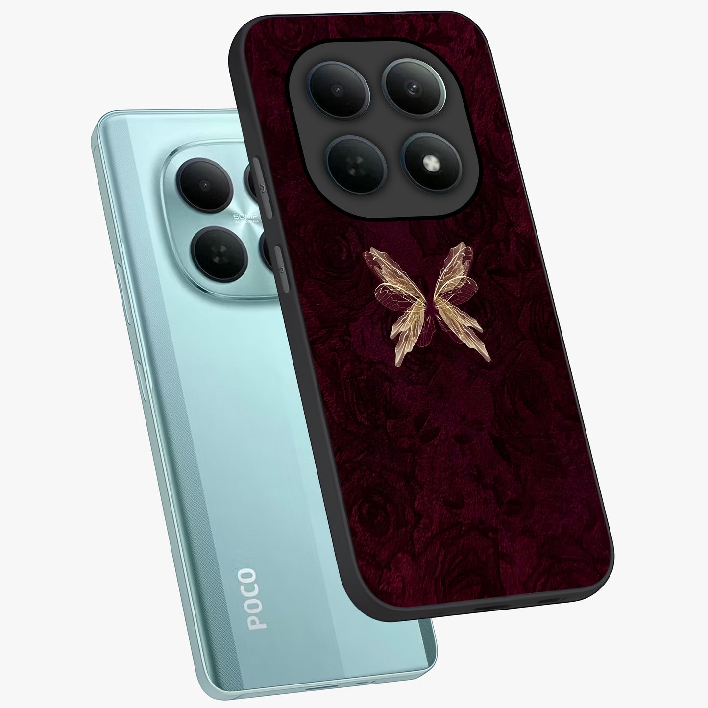 Crimson Fade Butterfly Glass Case displayed in angled mockup highlighting elegant butterfly design with crimson gradient aesthetic.