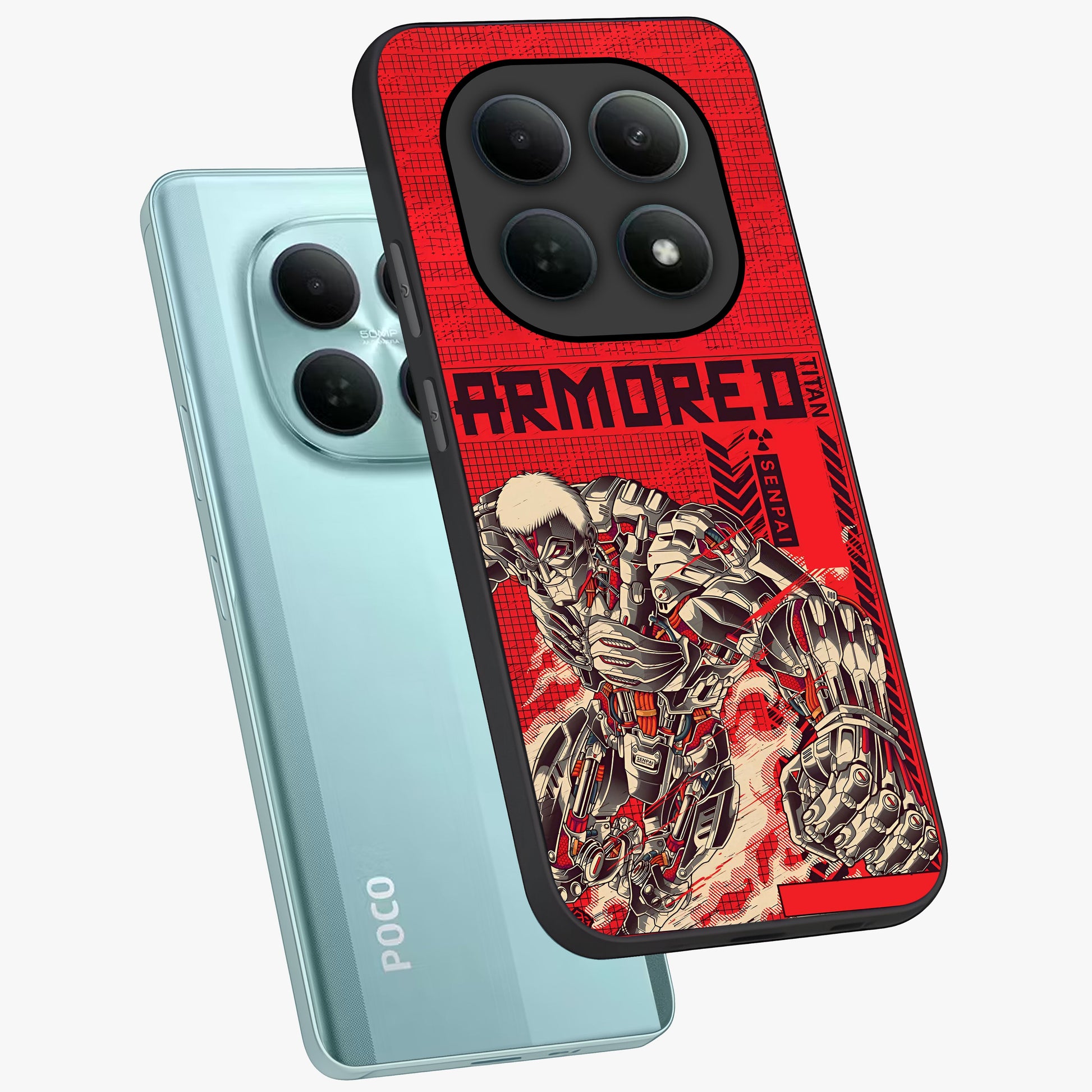 Crimson Mecha Titan Glass Case displayed in angled mockup highlighting futuristic mech illustration with bold crimson aesthetic.