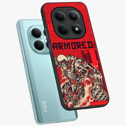 Crimson Mecha Titan Glass Case displayed in angled mockup highlighting futuristic mech illustration with bold crimson aesthetic.