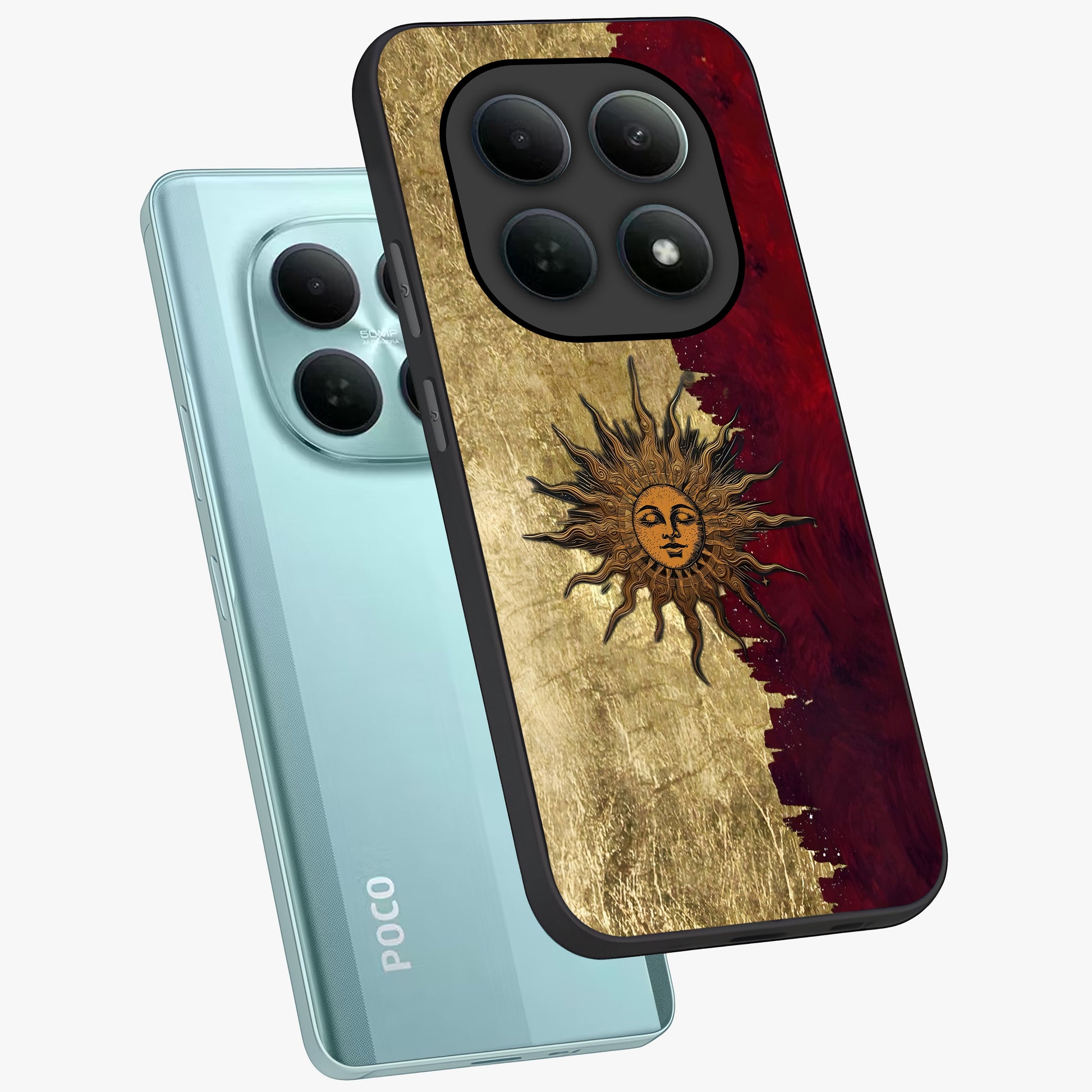 Crimson Sun Majesty Glass Case displayed in angled mockup highlighting majestic crimson sun design with bold aesthetic style.