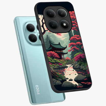 Crimson Temple View Glass Case displayed in angled mockup highlighting traditional temple illustration with crimson aesthetic.