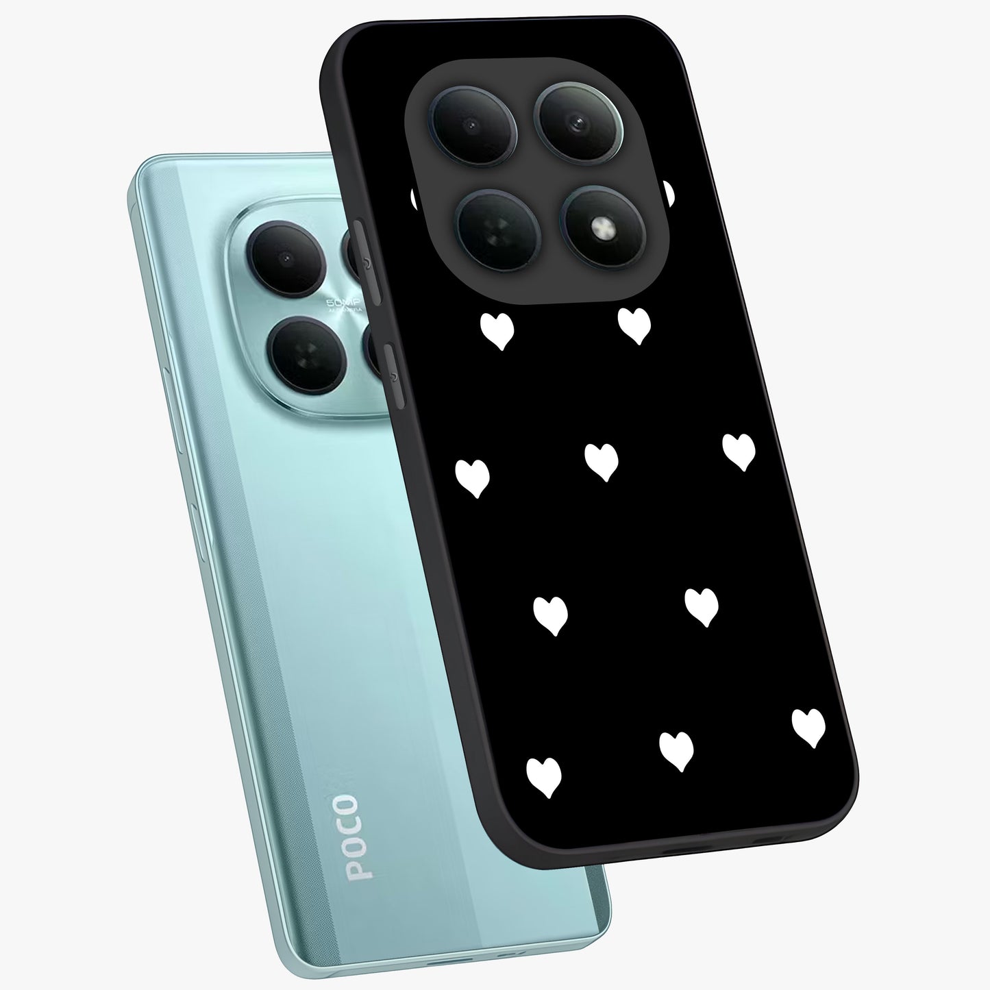 Cute And Simple White Hearts Glass Case displayed in angled mockup highlighting cute heart design with clean aesthetic style.