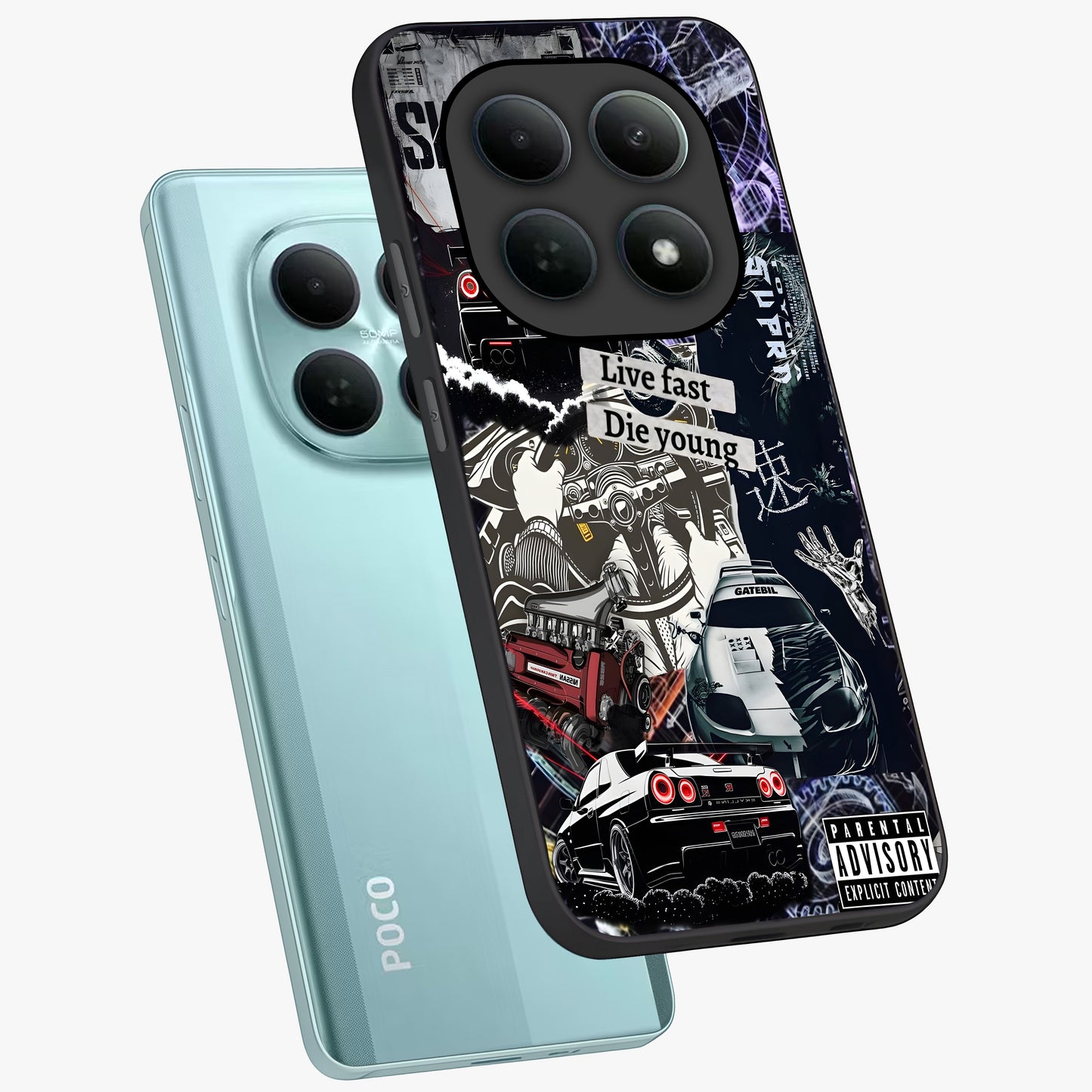 Die Young Glass Case displayed in angled mockup highlighting expressive graphic artwork with edgy aesthetic style.