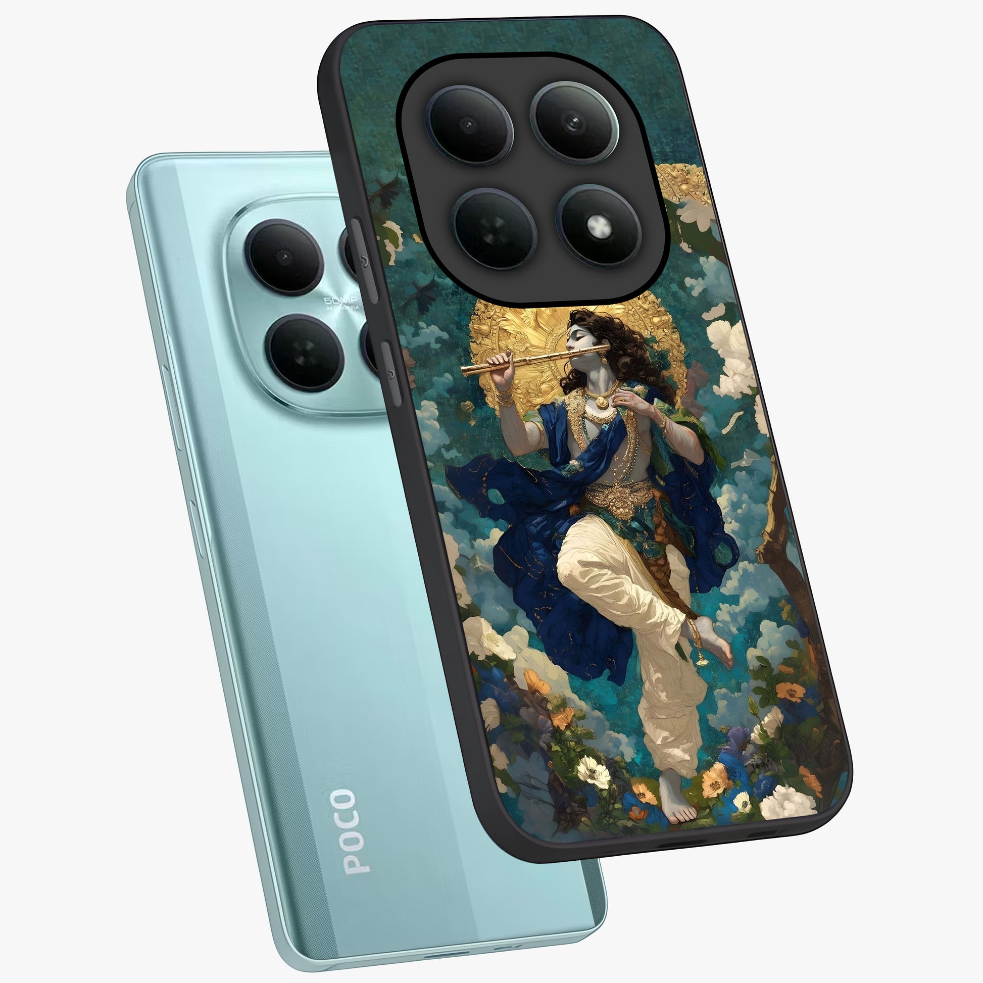 Divine Krishna Art Glass Case displayed in angled mockup highlighting spiritual Krishna illustration with devotional aesthetic.
