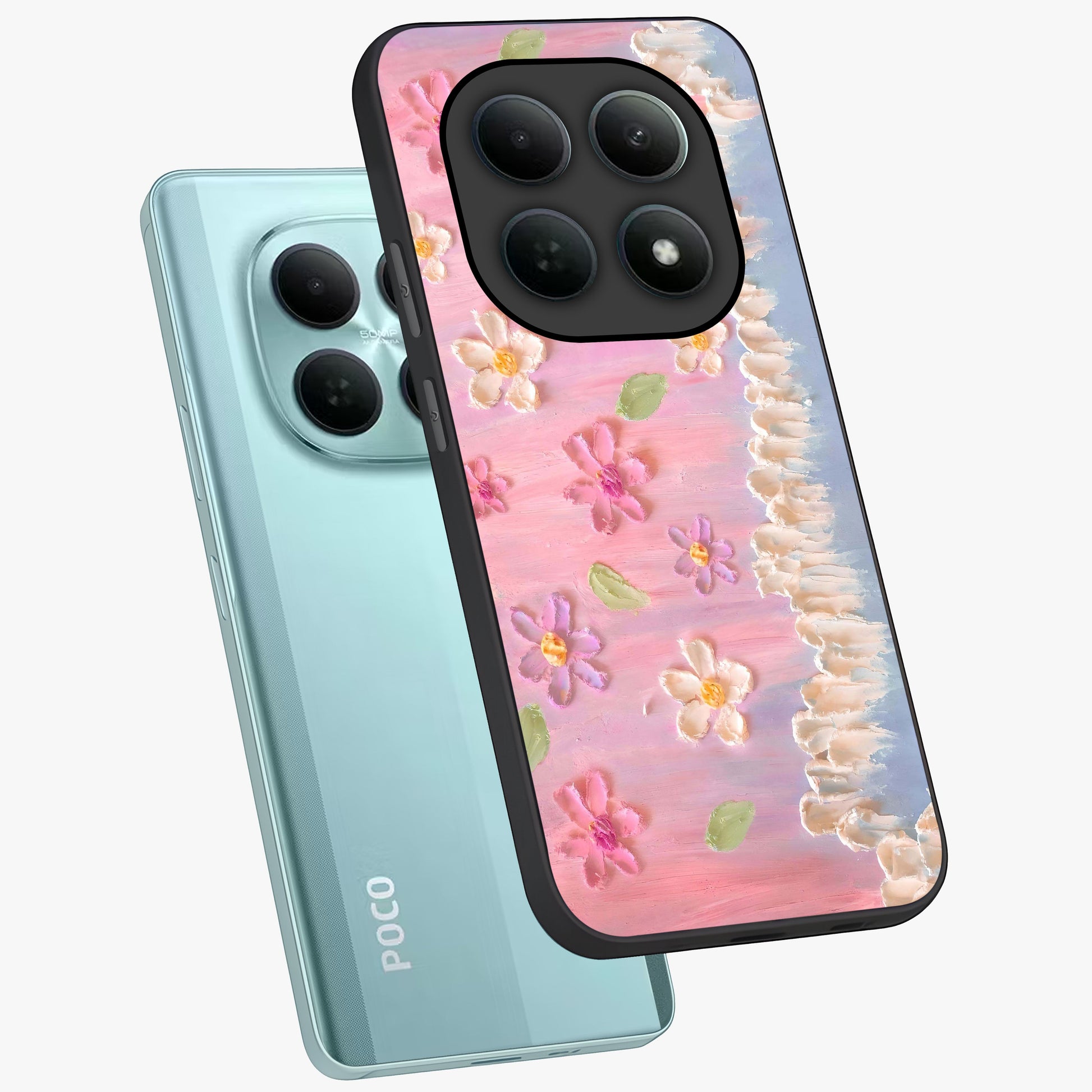 Dreamy Painted Garden Glass Case displayed in angled mockup highlighting colorful garden illustration with dreamy aesthetic style.