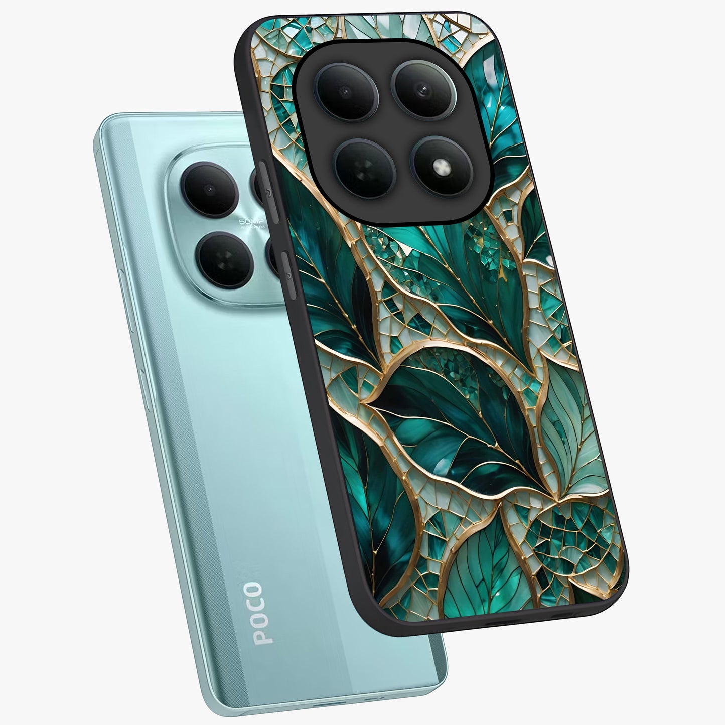 Emerald Leaf Glass Glass Case displayed in angled mockup highlighting botanical leaf illustration with elegant natural aesthetic.