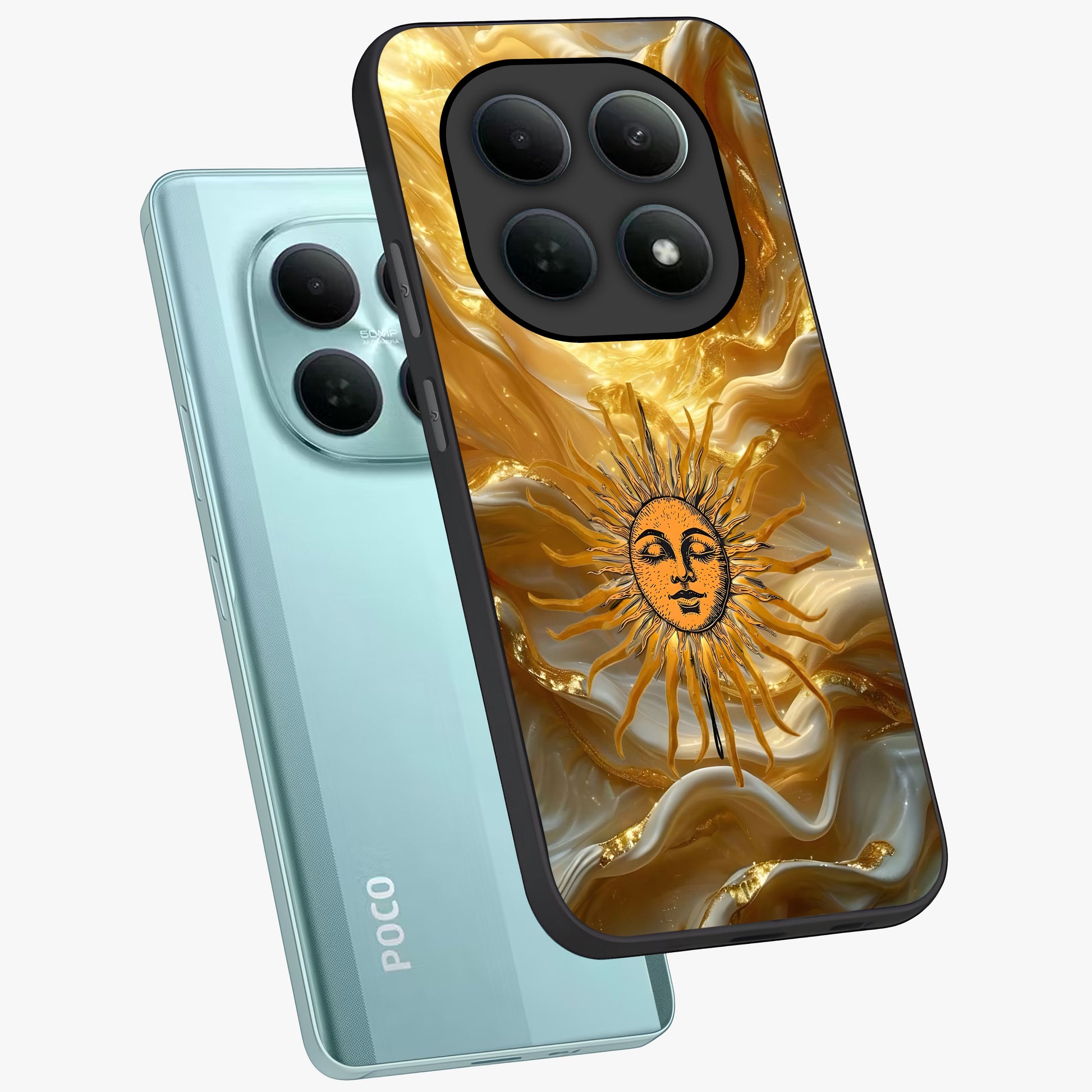 Eternal Golden Glow Glass Case displayed in angled mockup highlighting glowing golden aesthetic design with elegant style.