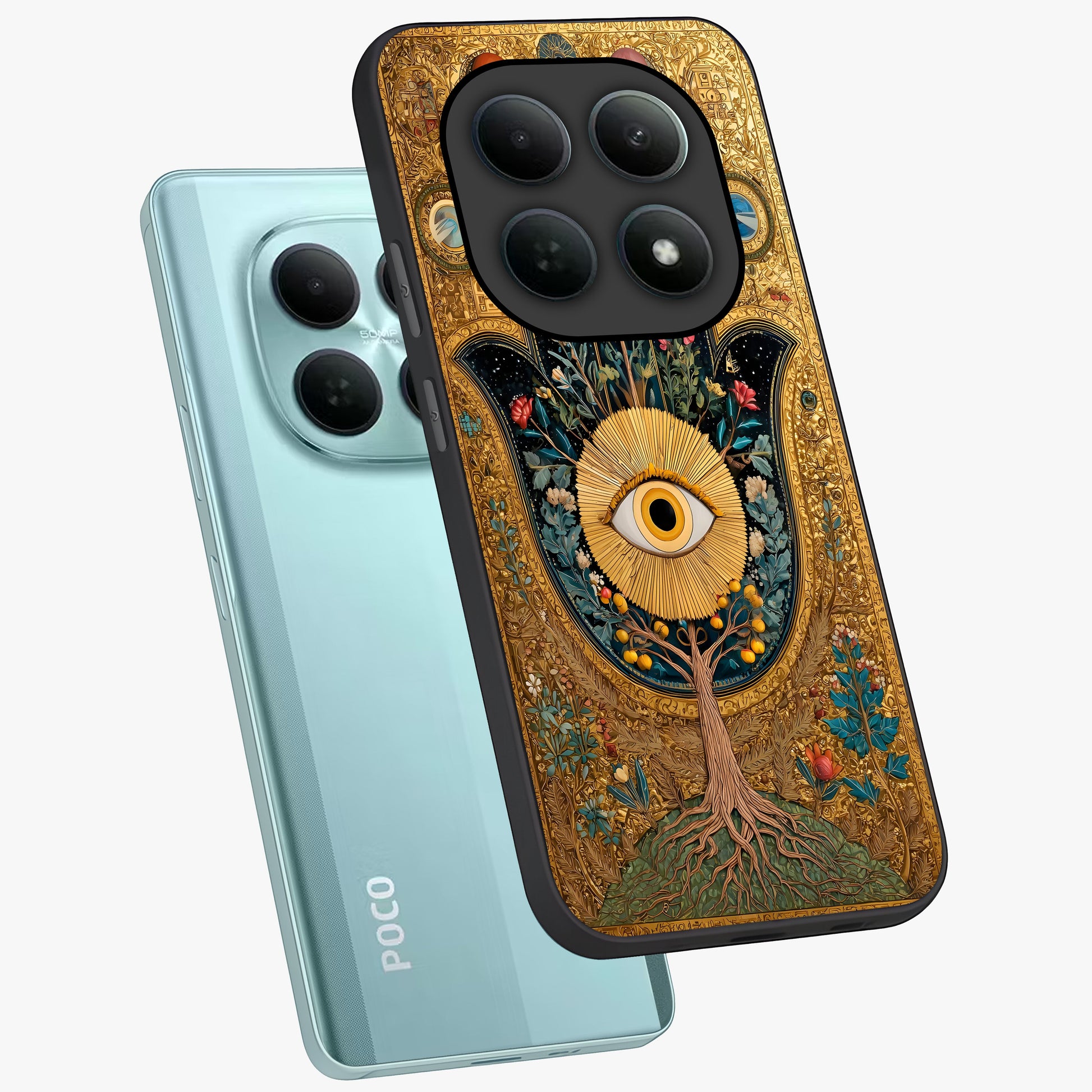 Ethereal Evil Eye Glass Case displayed in angled mockup highlighting protective evil eye symbol with spiritual aesthetic design.