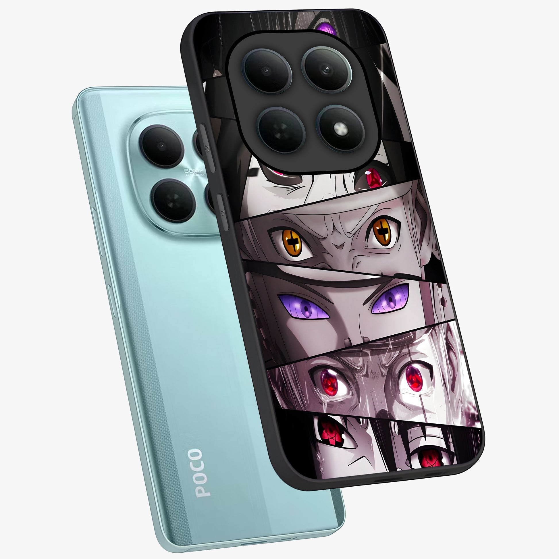 Eyes of Destiny Glass Case displayed in angled mockup highlighting bold eye illustration with mystical aesthetic style.