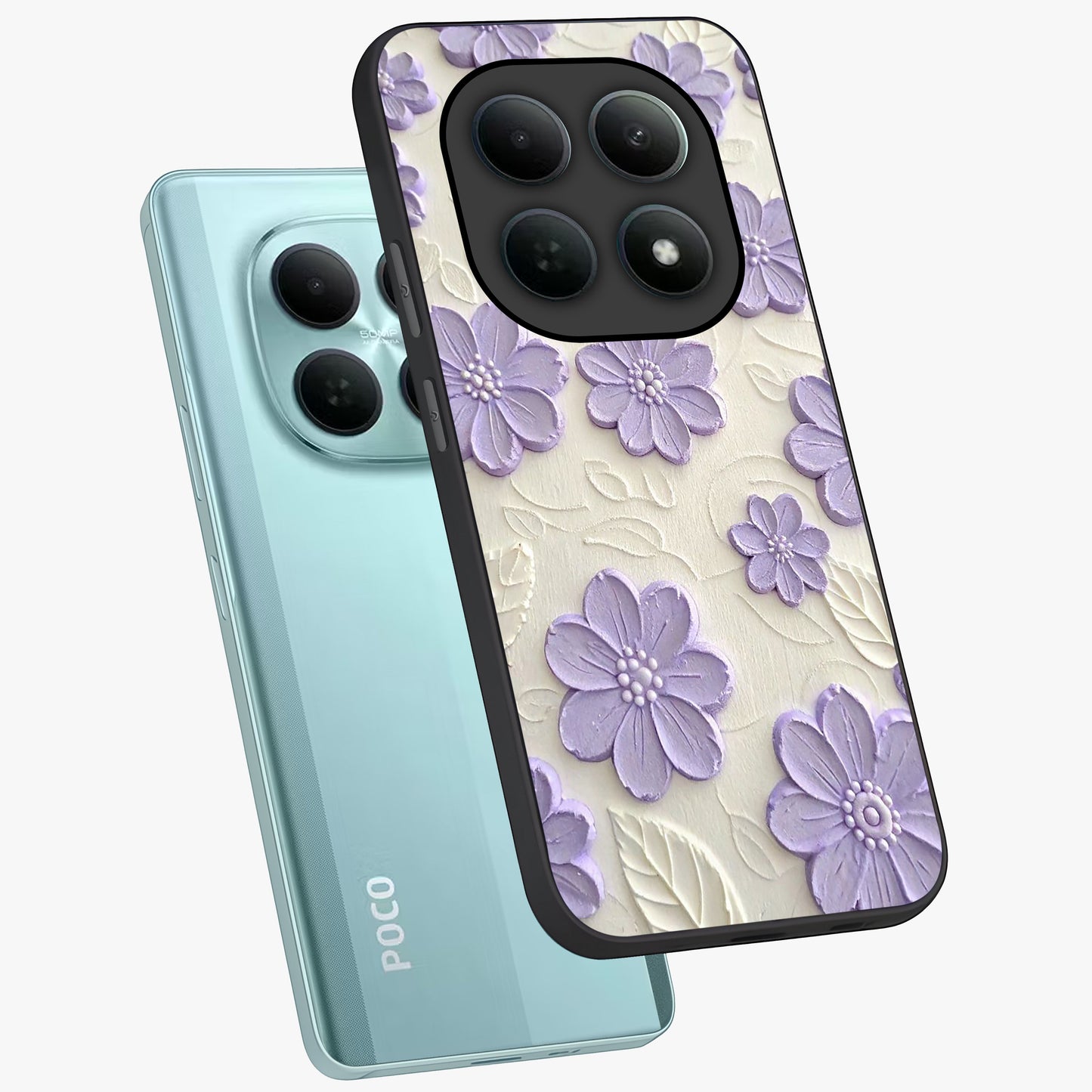 Floral Wall Art With Purple Flowers Glass Case displayed in angled mockup highlighting vibrant purple floral illustration with artistic aesthetic.