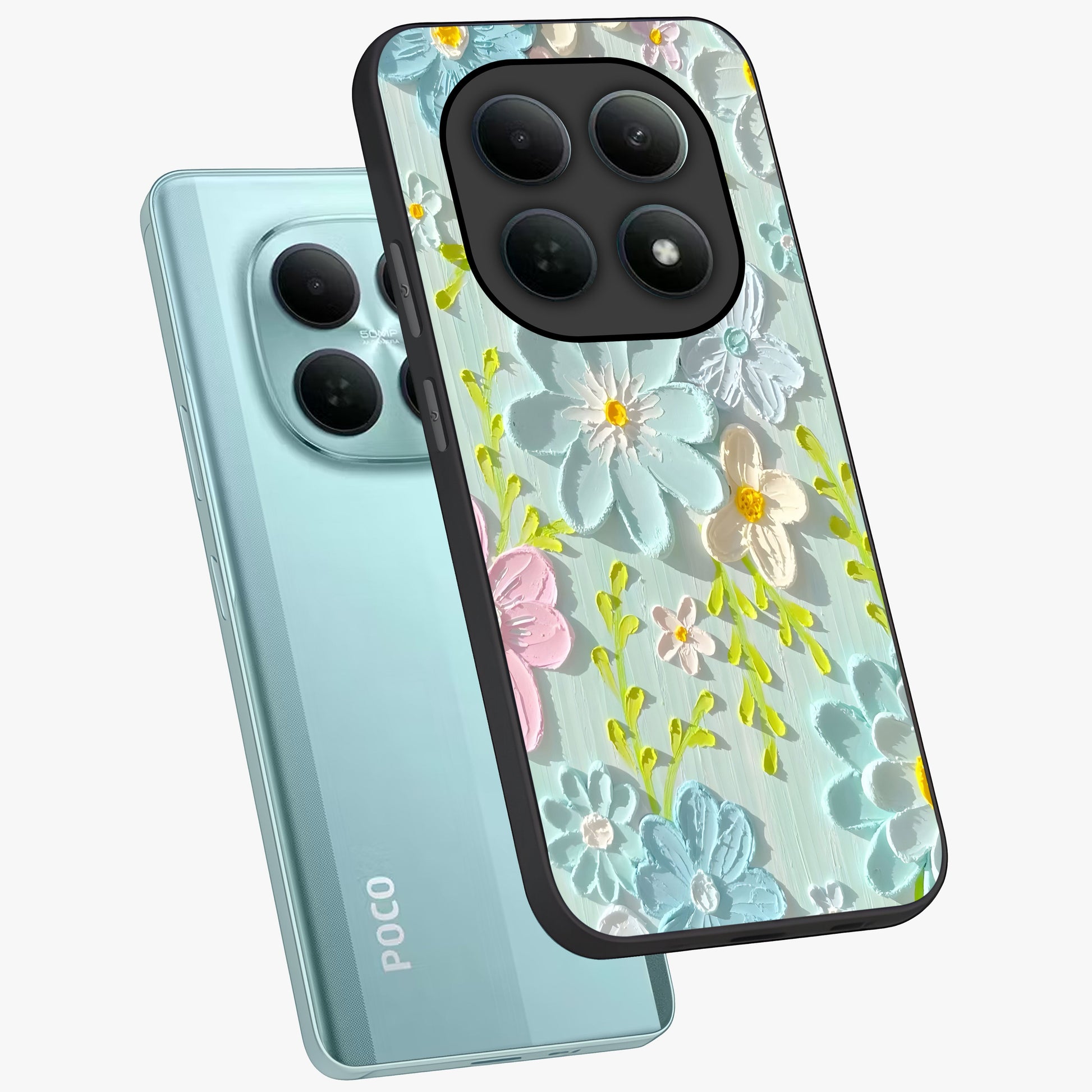 Frosted Petal Garden Glass Case displayed in angled mockup highlighting delicate flower petal design with calm garden aesthetic.
