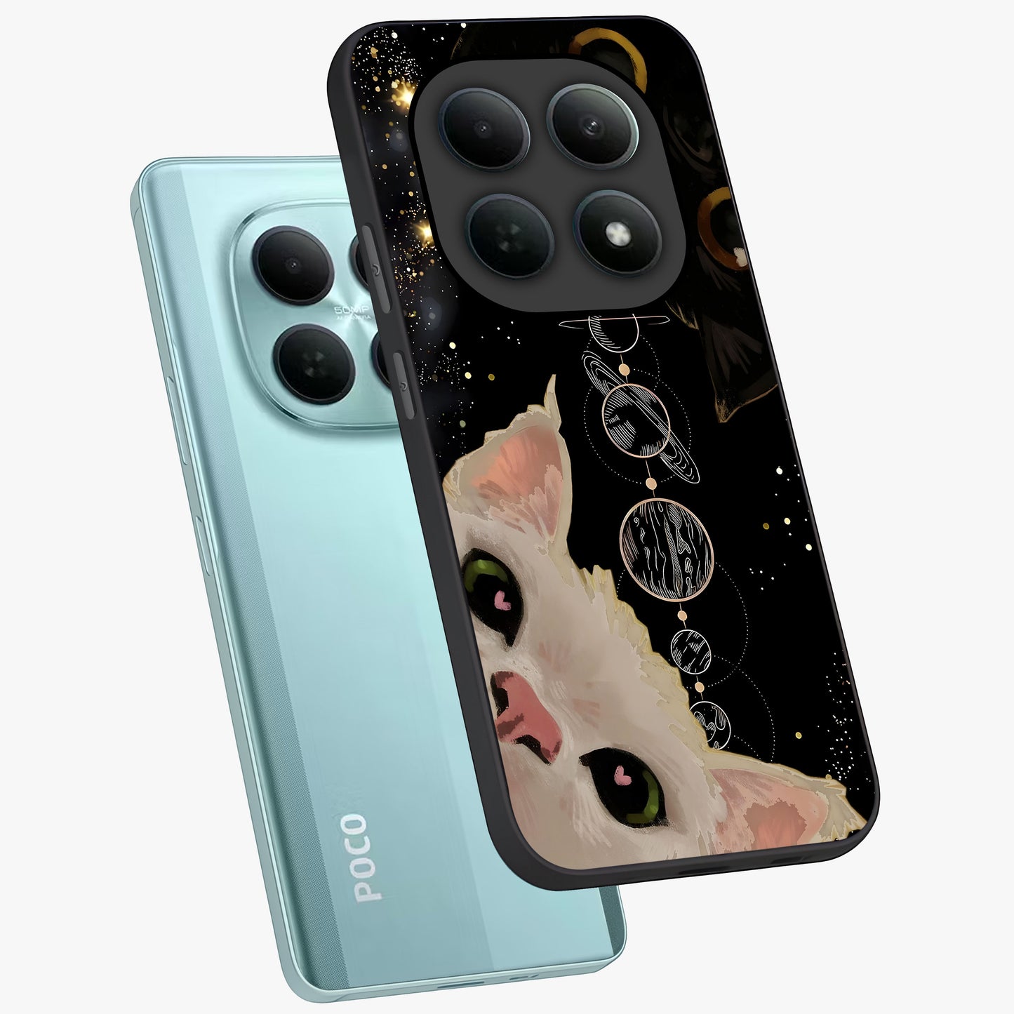 Galactic Cat Glass Case displayed in angled mockup highlighting celestial feline illustration with galaxy aesthetic style.