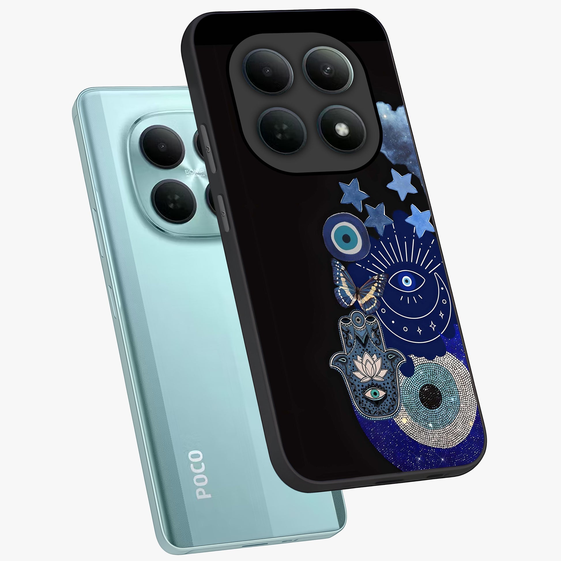 Galactic Charm Cluster Glass Case displayed in angled mockup highlighting luminous galaxy inspired design with dreamy aesthetic.