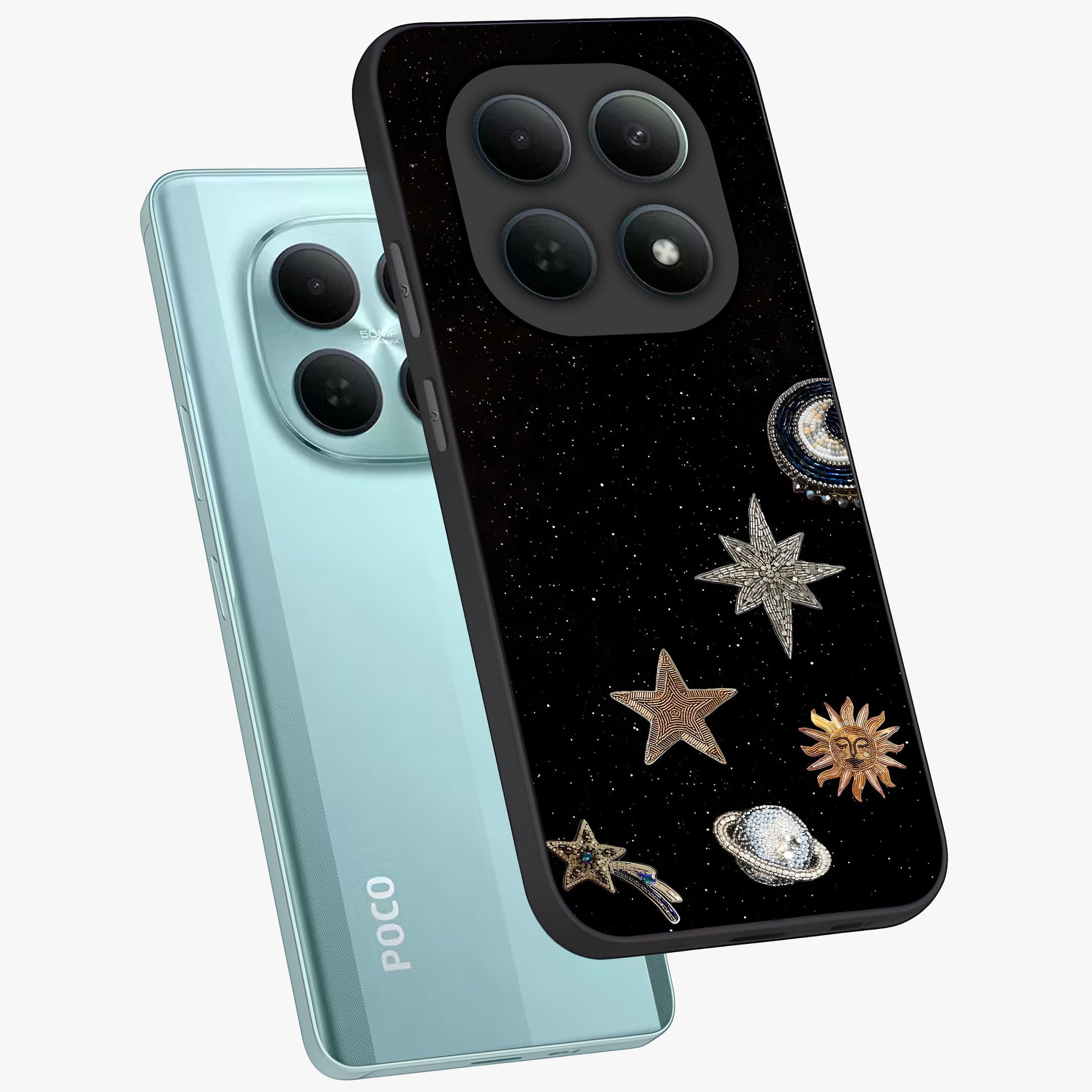 Galactic Charm Glow Glass Case displayed in angled mockup highlighting luminous galaxy inspired design with dreamy aesthetic.