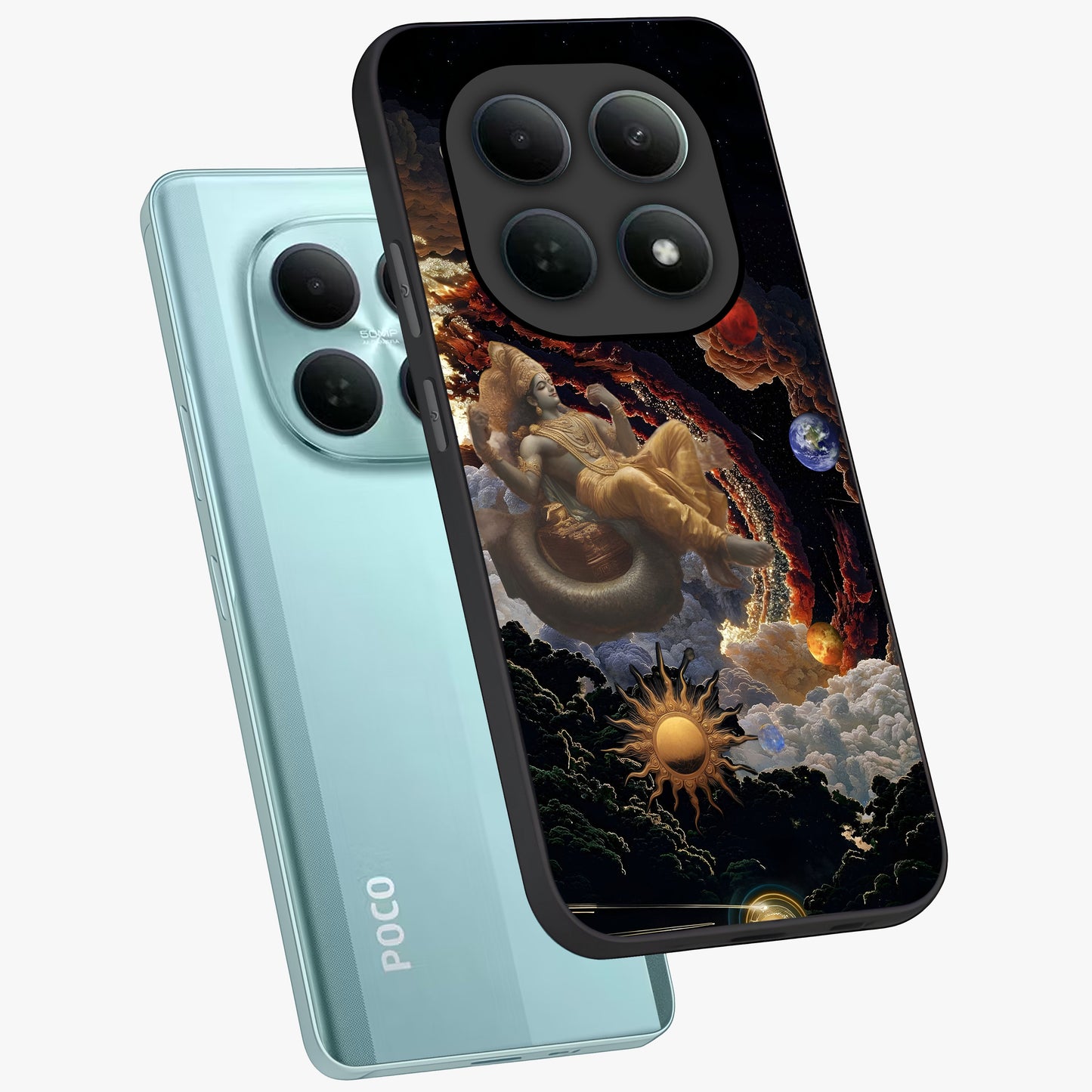 Galactic Divine God Glass Case displayed in angled mockup highlighting powerful celestial deity illustration with galactic aesthetic.