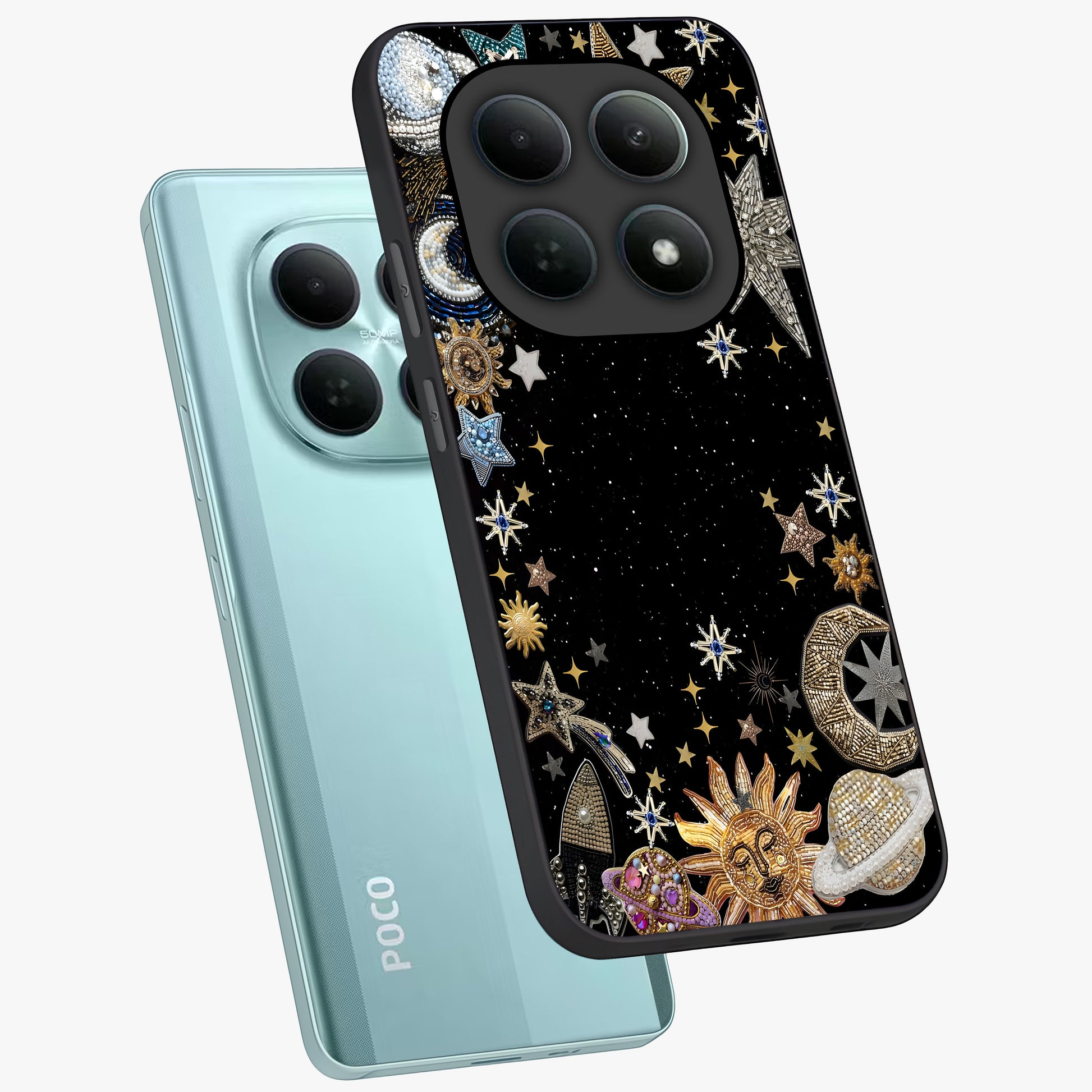 Galactic Jewel Stars Glass Case displayed in angled mockup highlighting shining celestial star design with cosmic aesthetic style.