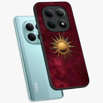 Golden Sun Minimalism Glass Case displayed in angled mockup highlighting clean sun symbol design with modern minimal aesthetic.