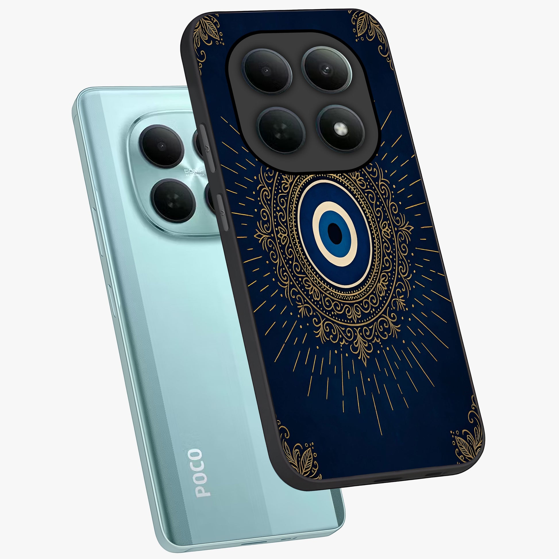 Golden Celestial Charm Glass Case displayed in angled mockup highlighting sparkling cosmic charm design with celestial aesthetic.