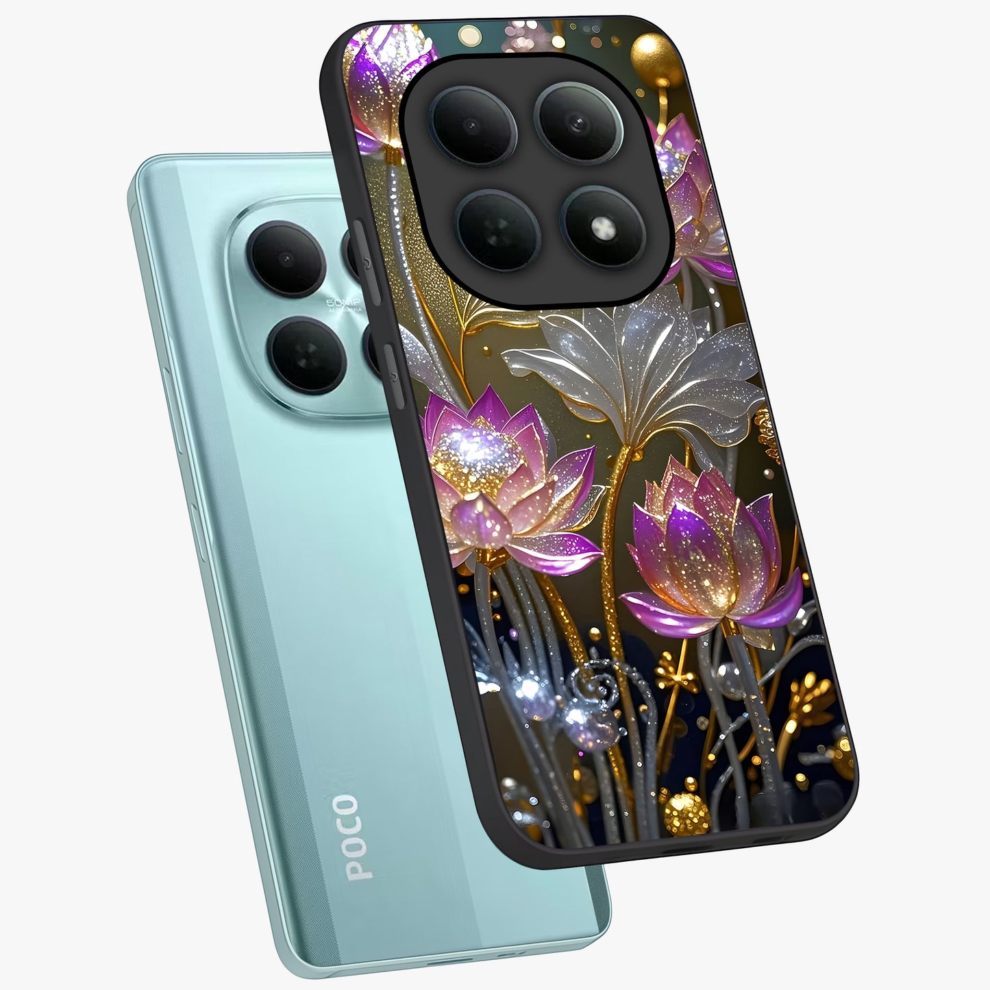 Golden Floral Majesty Glass Case displayed in angled mockup highlighting elegant flower design with royal golden aesthetic.