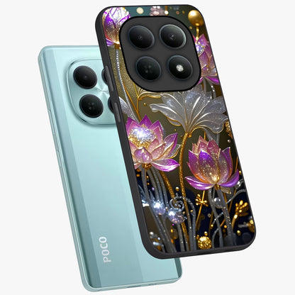 Golden Floral Majesty Glass Case displayed in angled mockup highlighting elegant flower design with royal golden aesthetic.