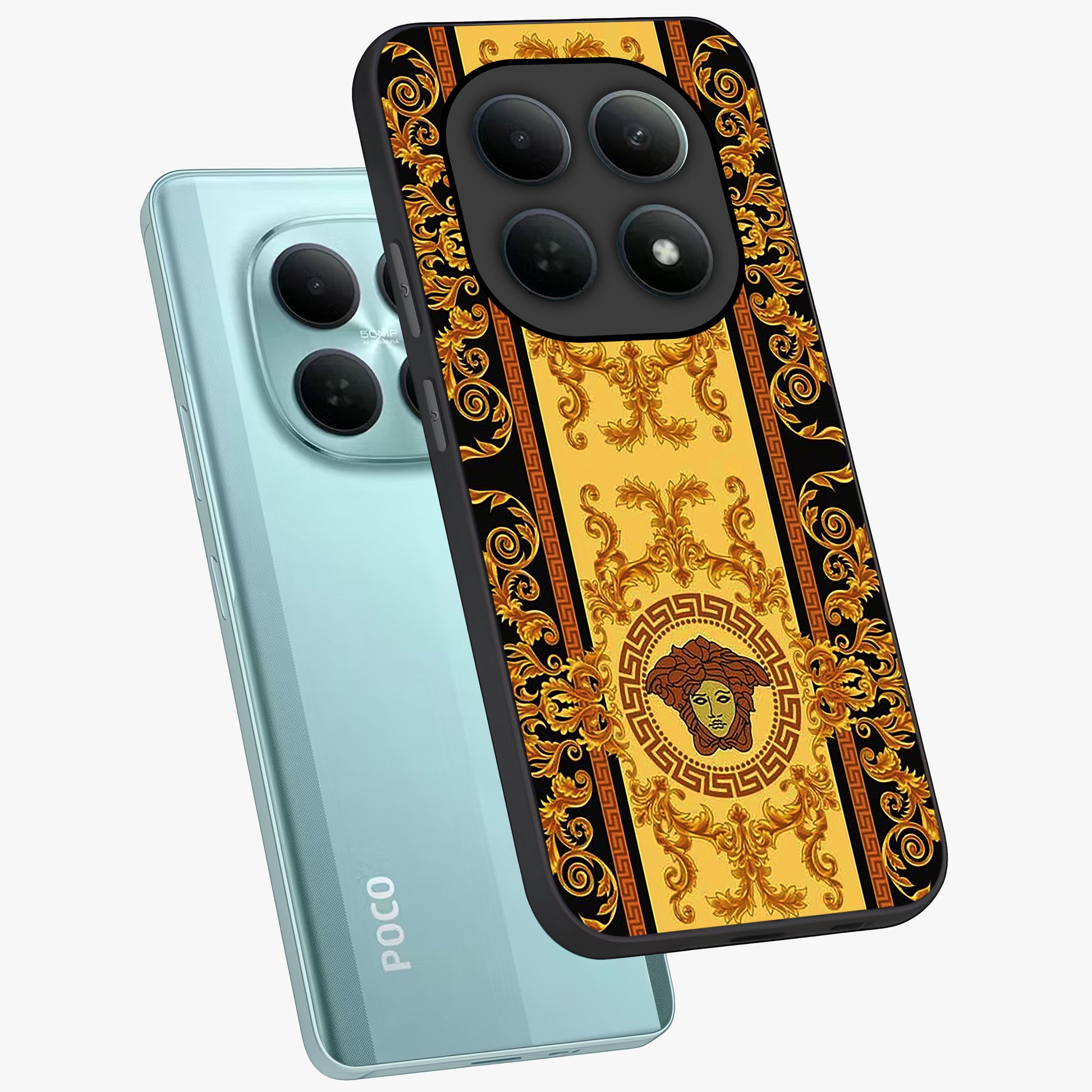 Golden Lotus Glow Glass Case displayed in angled mockup highlighting radiant lotus illustration with spiritual aesthetic.