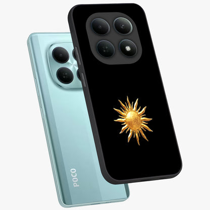Golden Sun Minimalism Glass Case displayed in angled mockup highlighting eerie shadow illustration with gothic aesthetic.