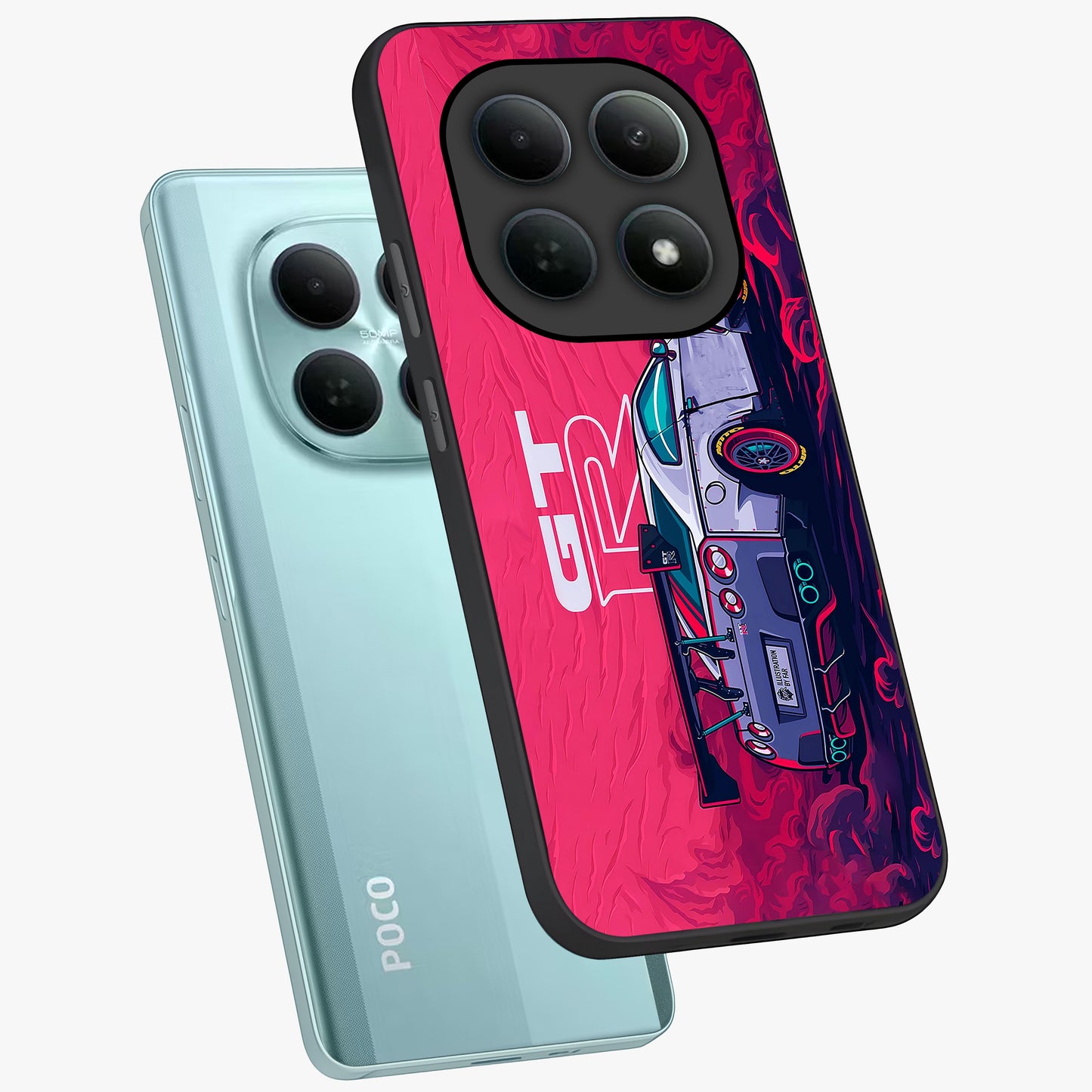 GT-R Car Pattern Glass Case displayed in angled mockup highlighting racing car graphic design with bold automotive aesthetic.