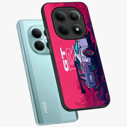 GT-R Car Pattern Glass Case displayed in angled mockup highlighting racing car graphic design with bold automotive aesthetic.