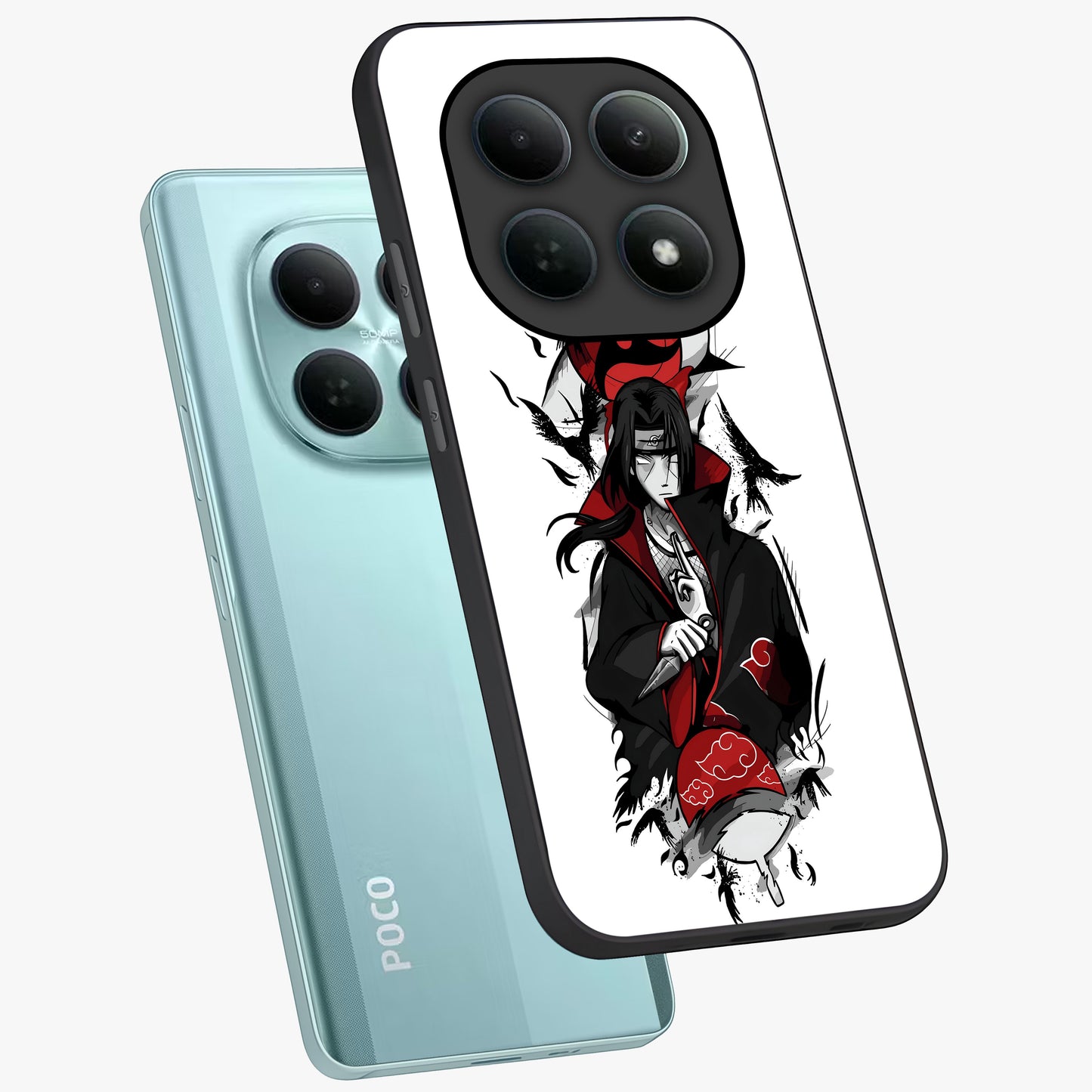 Itachi Limited Edition Naruto Anime Glass Case displayed in angled mockup highlighting dramatic anime illustration with bold action aesthetic.