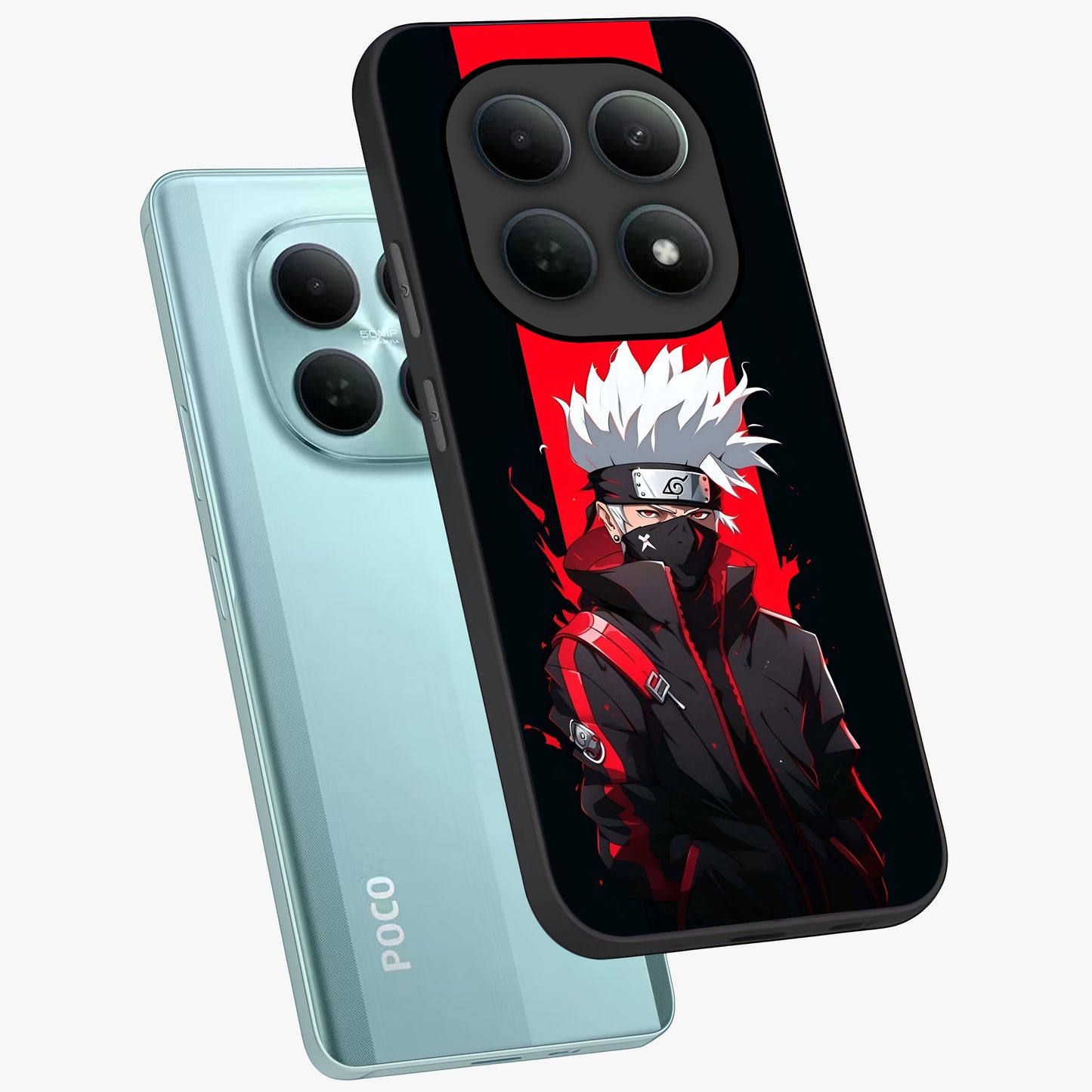 Kakashi Scarlet Shadow Glass Case displayed in angled mockup highlighting dramatic ninja illustration with scarlet themed aesthetic.