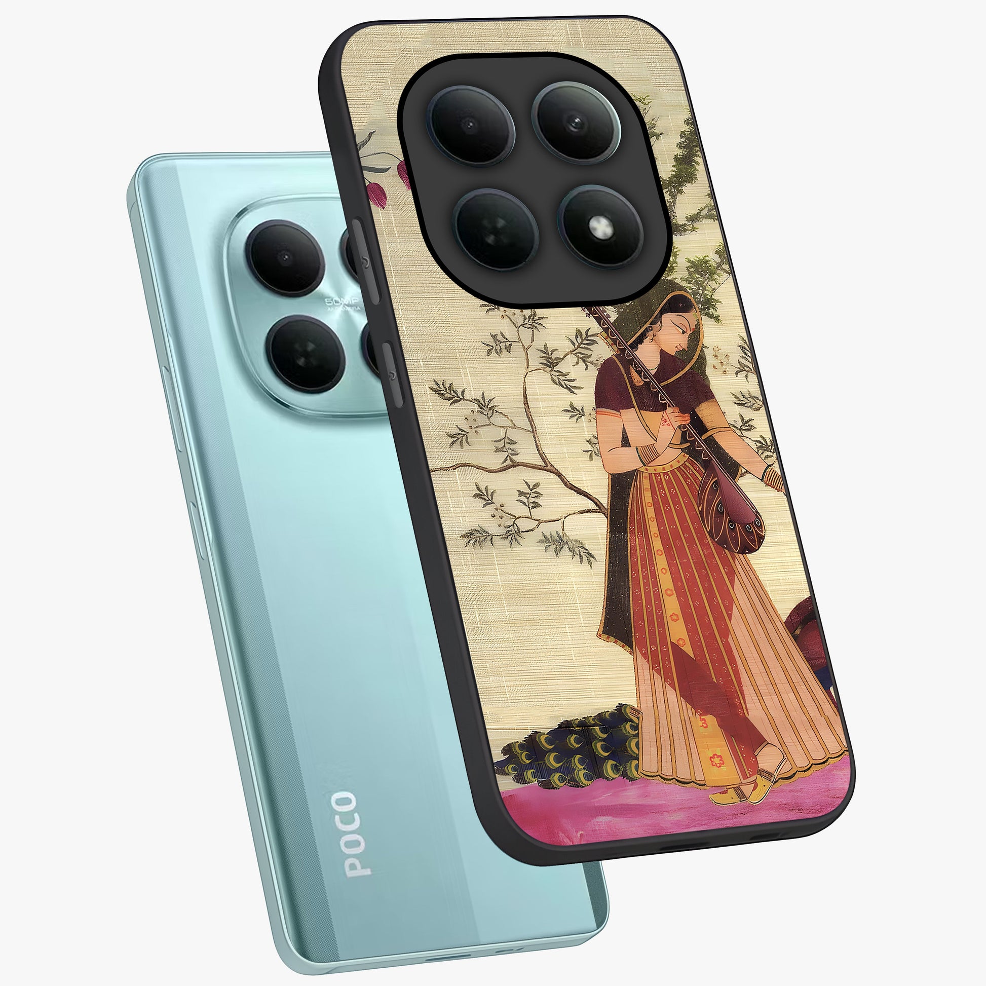 Lady With Veena Art Glass Case displayed in angled mockup highlighting graceful musical illustration with cultural artistic aesthetic.