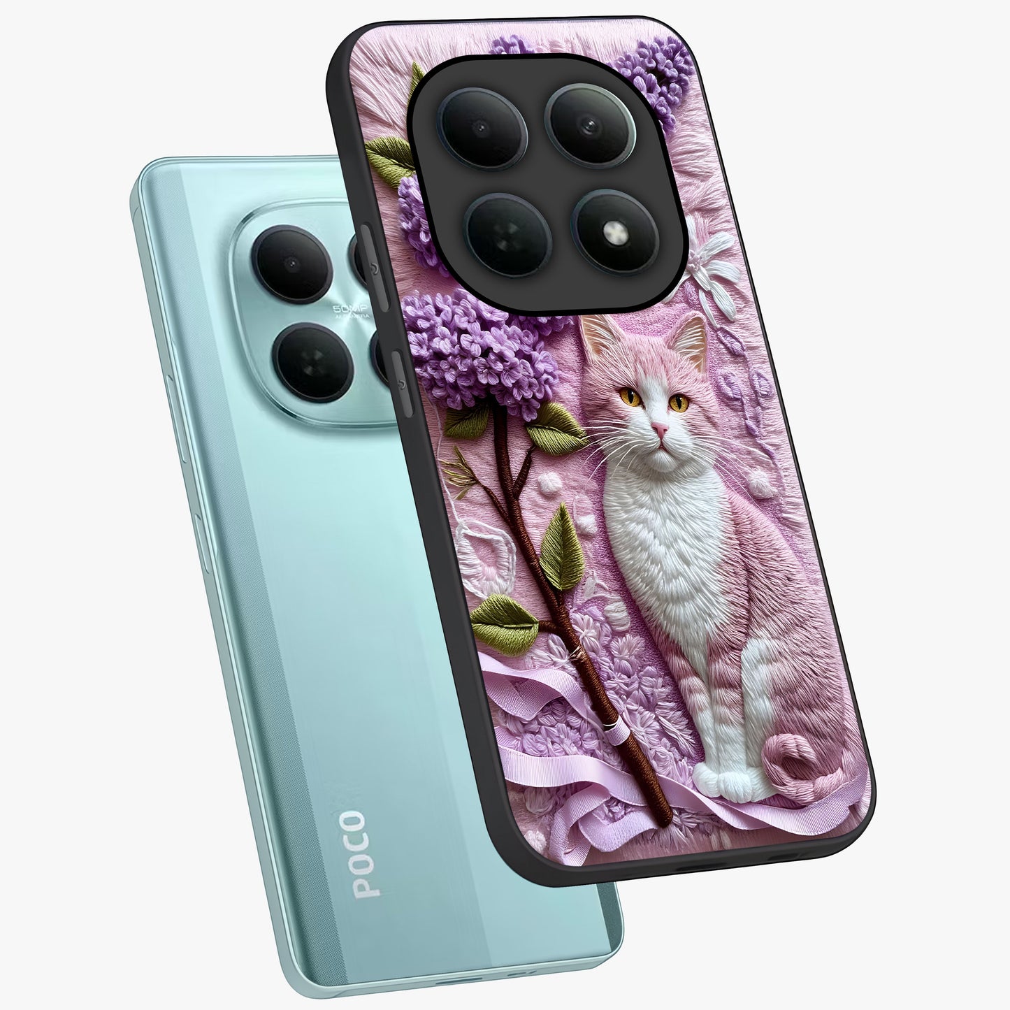 Lavender Cat Whimsy Glass Case displayed in angled mockup highlighting playful feline illustration with pastel lavender aesthetic.