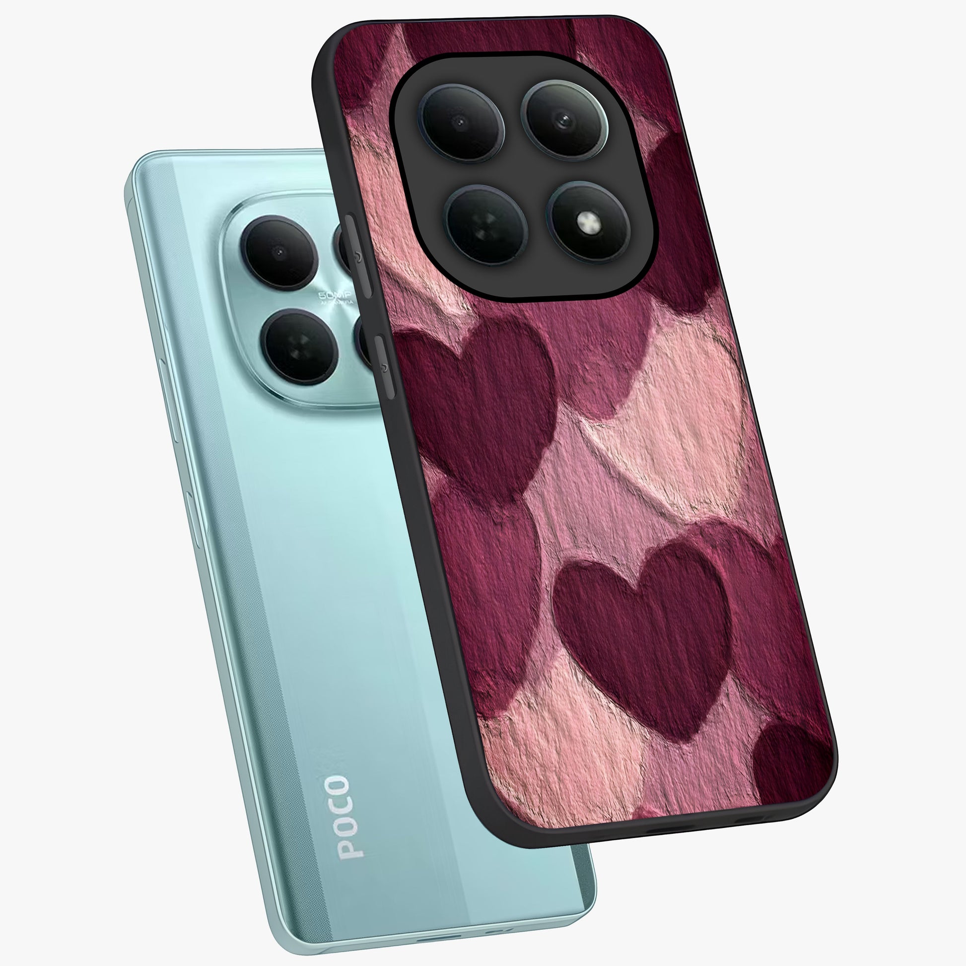 Layered Paper Hearts Glass Case displayed in angled mockup highlighting creative paper craft heart design with romantic aesthetic.
