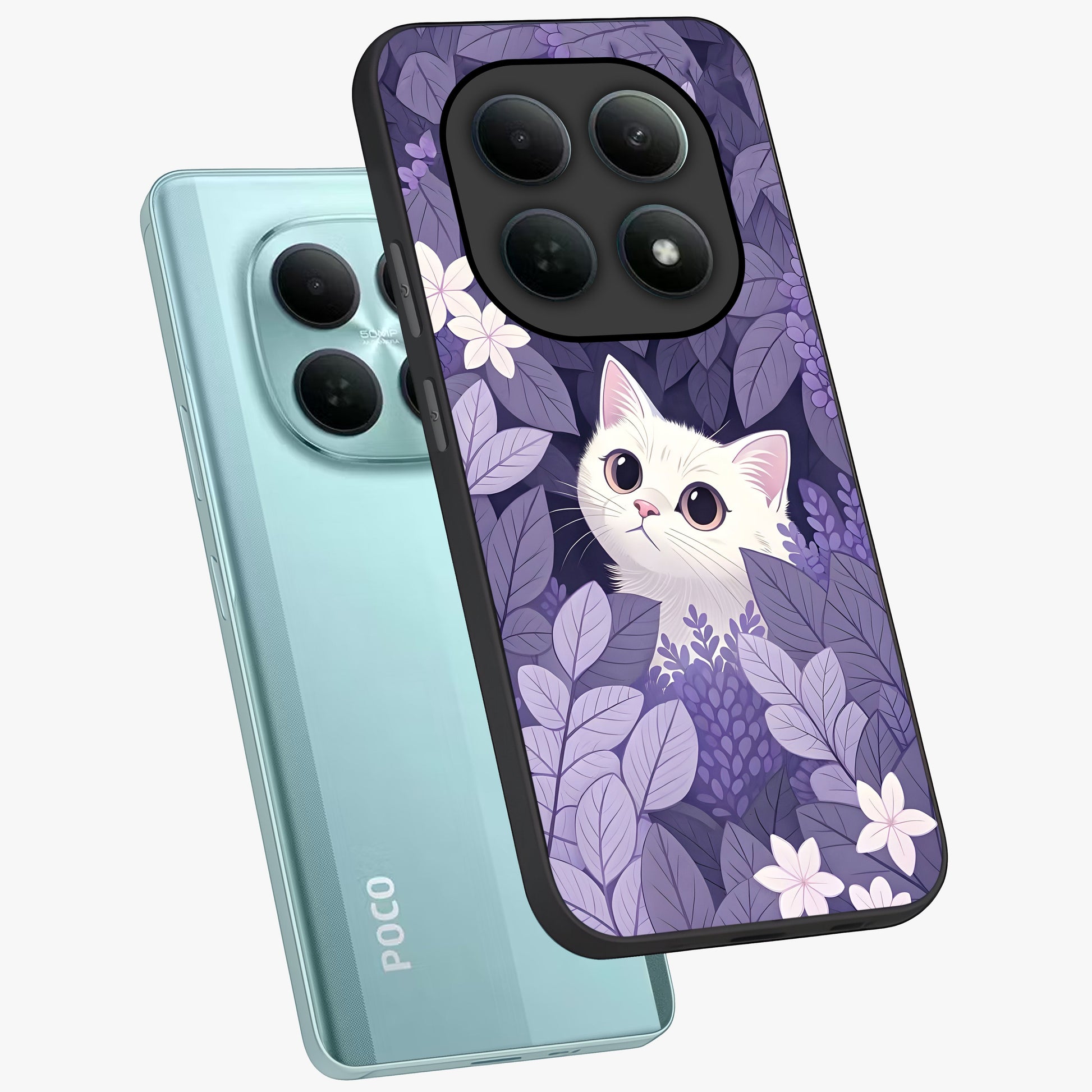 Lilac Hide Peek Cat Glass Case displayed in angled mockup highlighting playful feline illustration with lilac aesthetic design.