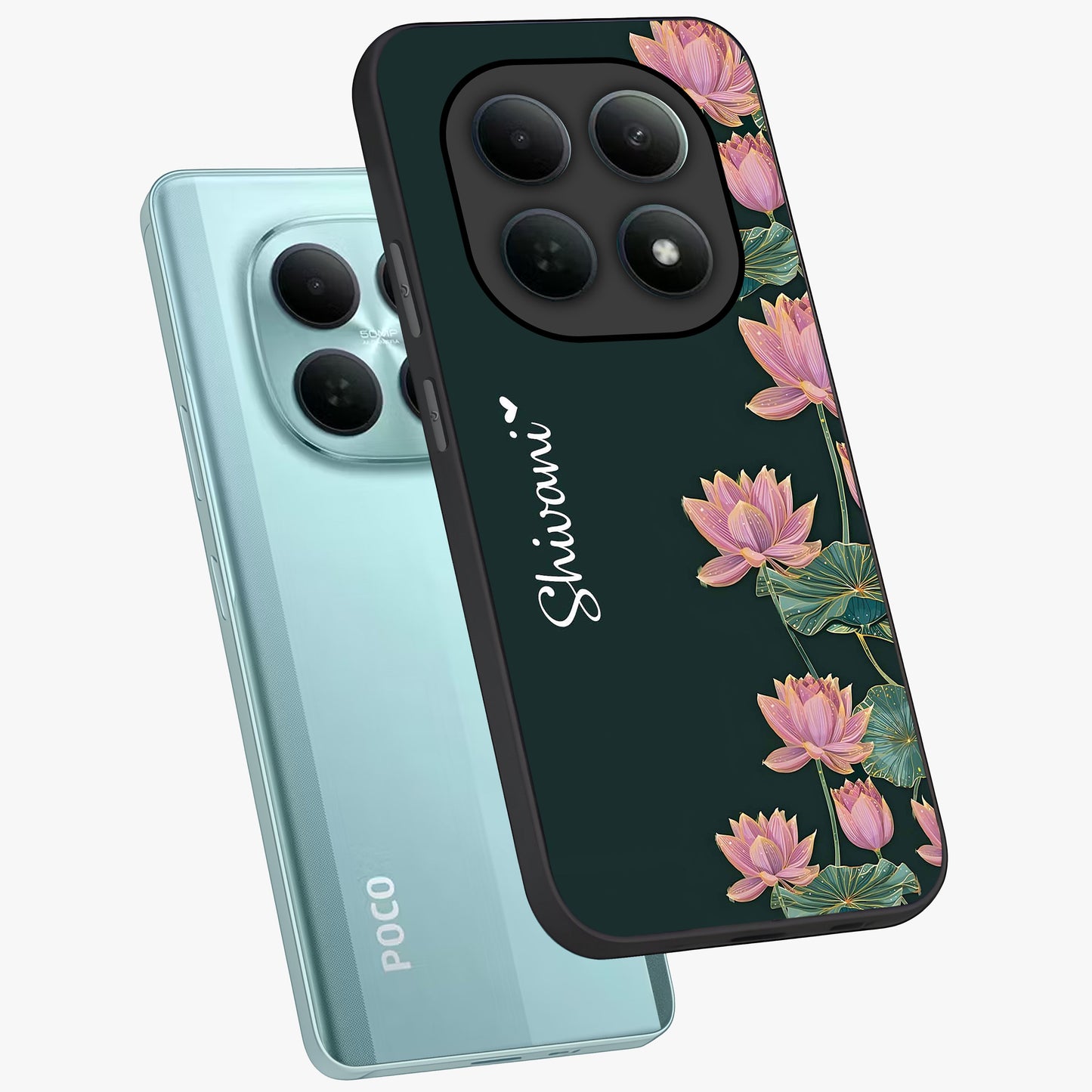 Lotus Bloom Serenity Custom Name Glass Case displayed in angled mockup highlighting graceful lotus illustration with custom name feature.