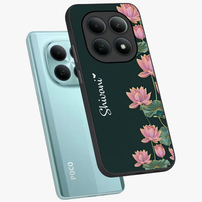 Lotus Bloom Serenity Custom Name Glass Case displayed in angled mockup highlighting graceful lotus illustration with custom name feature.