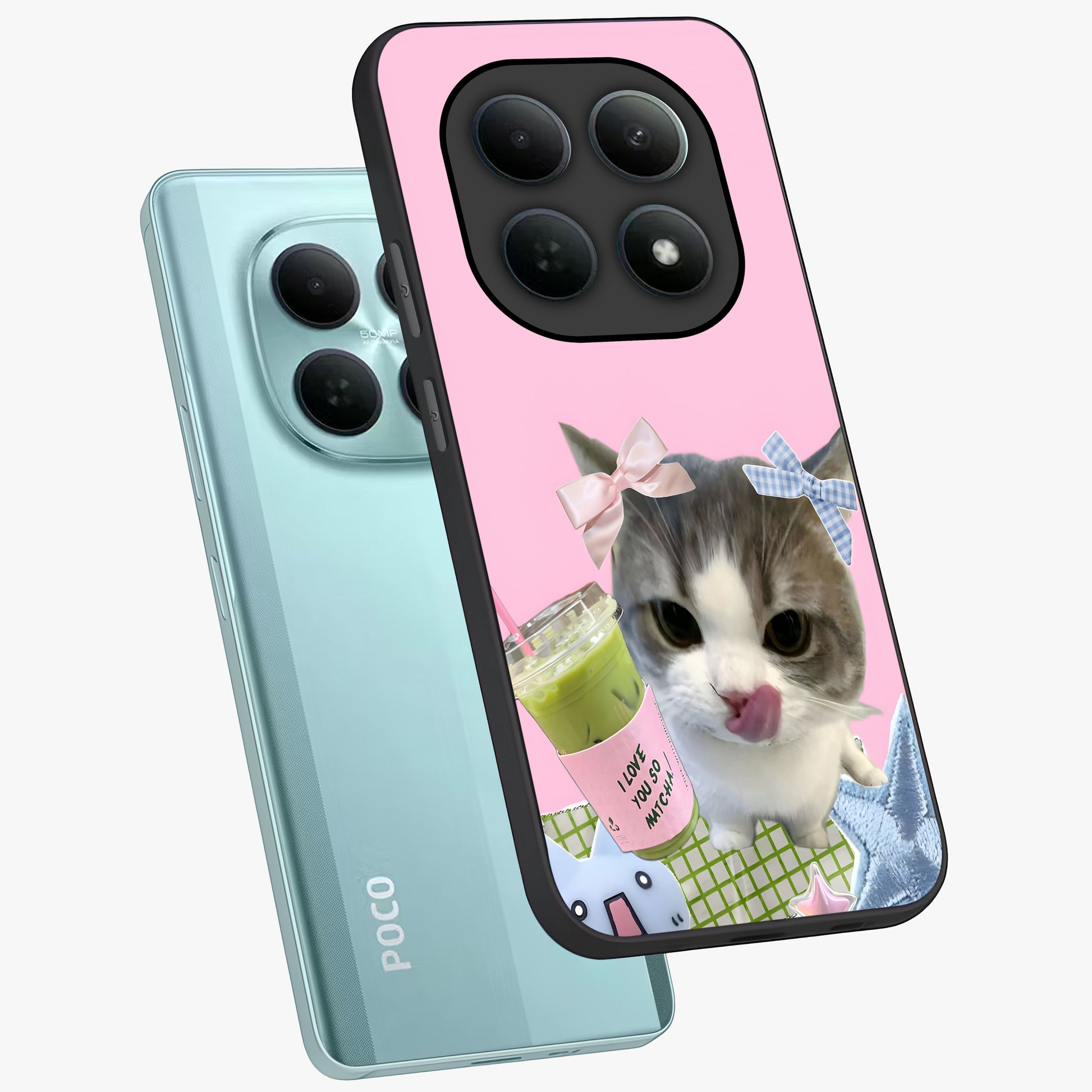 Love Matcha Cat Glass Case displayed in angled mockup highlighting playful feline illustration with cozy matcha aesthetic.