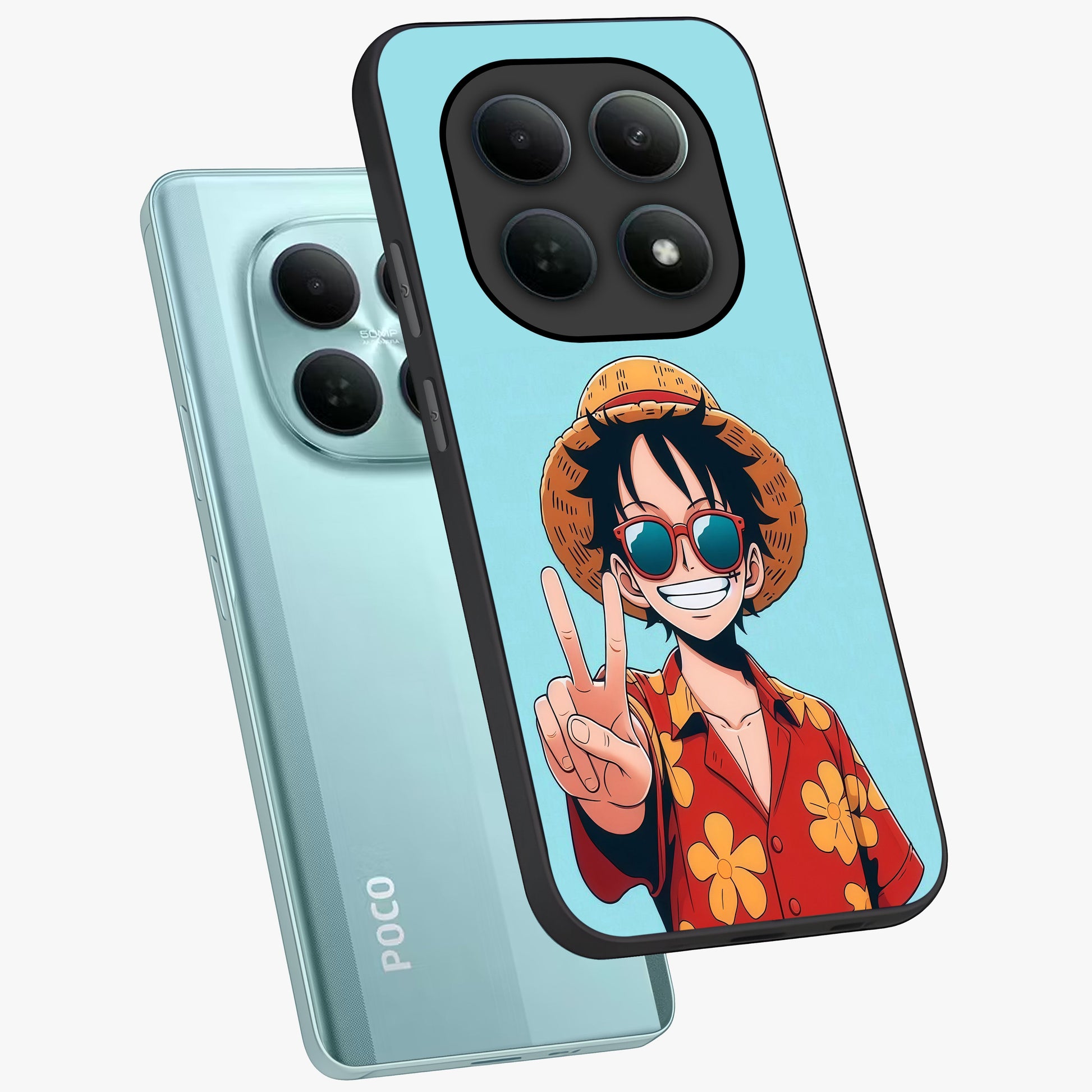 Luffy Summer Anime Vibe Glass Case displayed in angled mockup highlighting energetic anime illustration with summer vibe aesthetic.