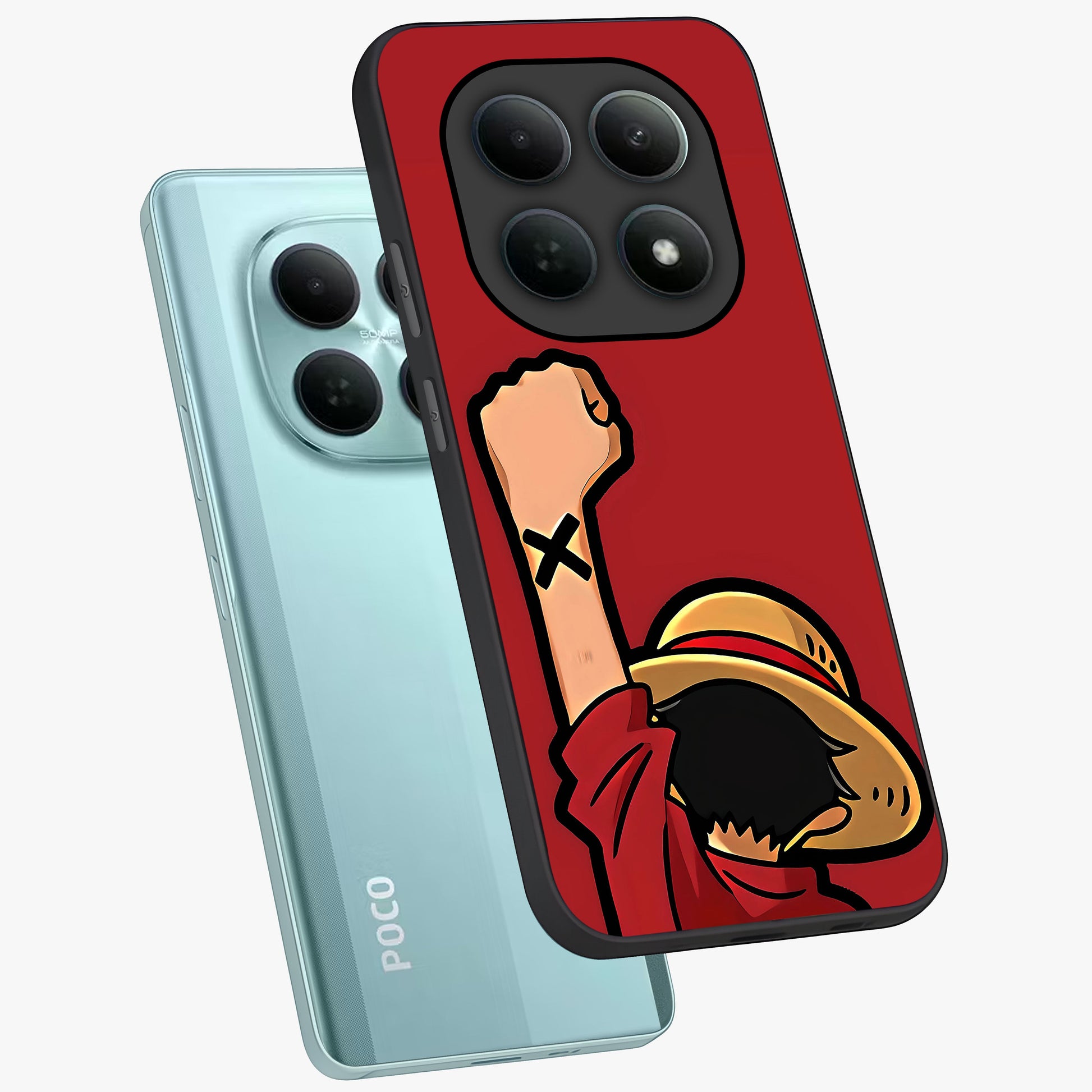 Luffy X Spirit Glass Case displayed in angled mockup highlighting powerful anime design with energetic action aesthetic.