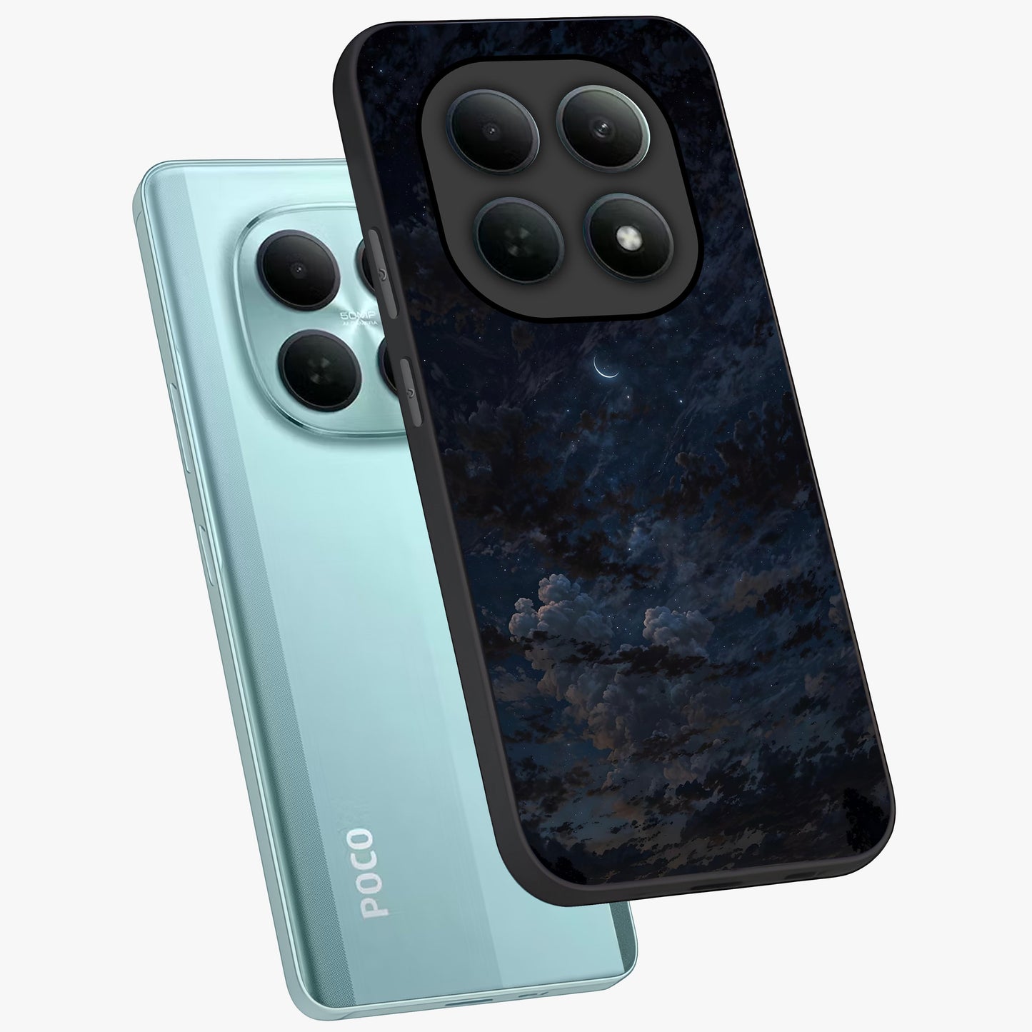 Lunar Veil Silence Glass Case displayed in angled mockup highlighting soft lunar design with peaceful celestial aesthetic.