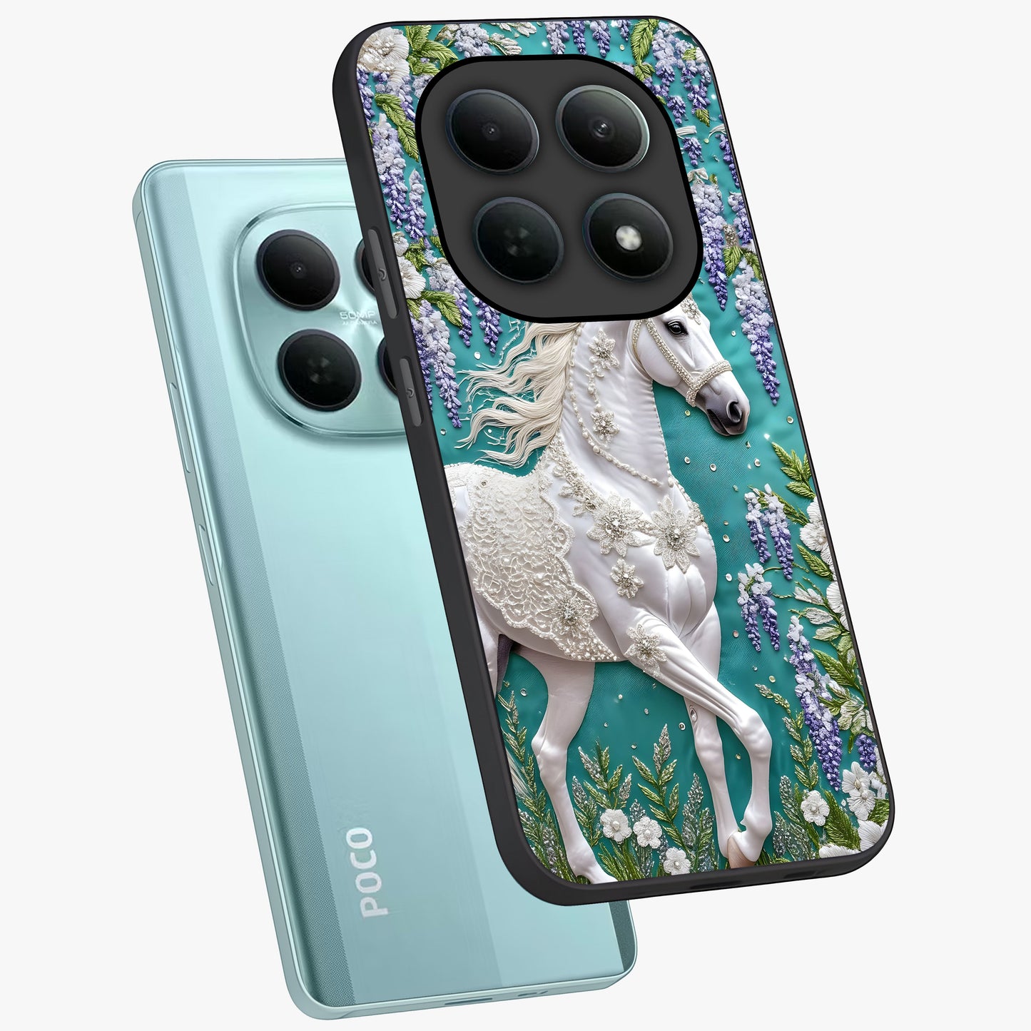 Majestic Floral Stallion Glass Case displayed in angled mockup highlighting majestic stallion illustration with elegant floral aesthetic.