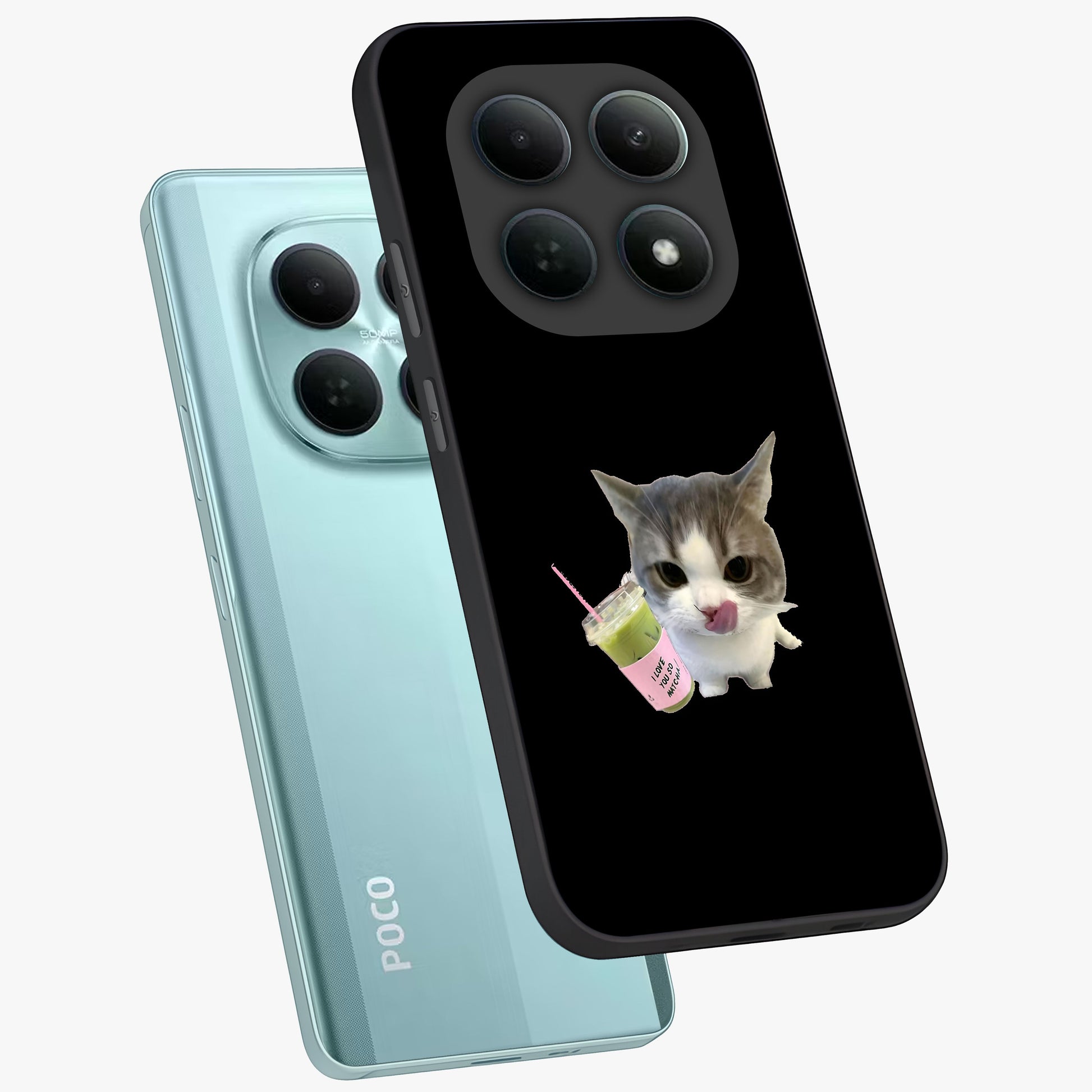 Matcha Cat Style Glass Case displayed in angled mockup highlighting playful feline design with pastel matcha aesthetic.