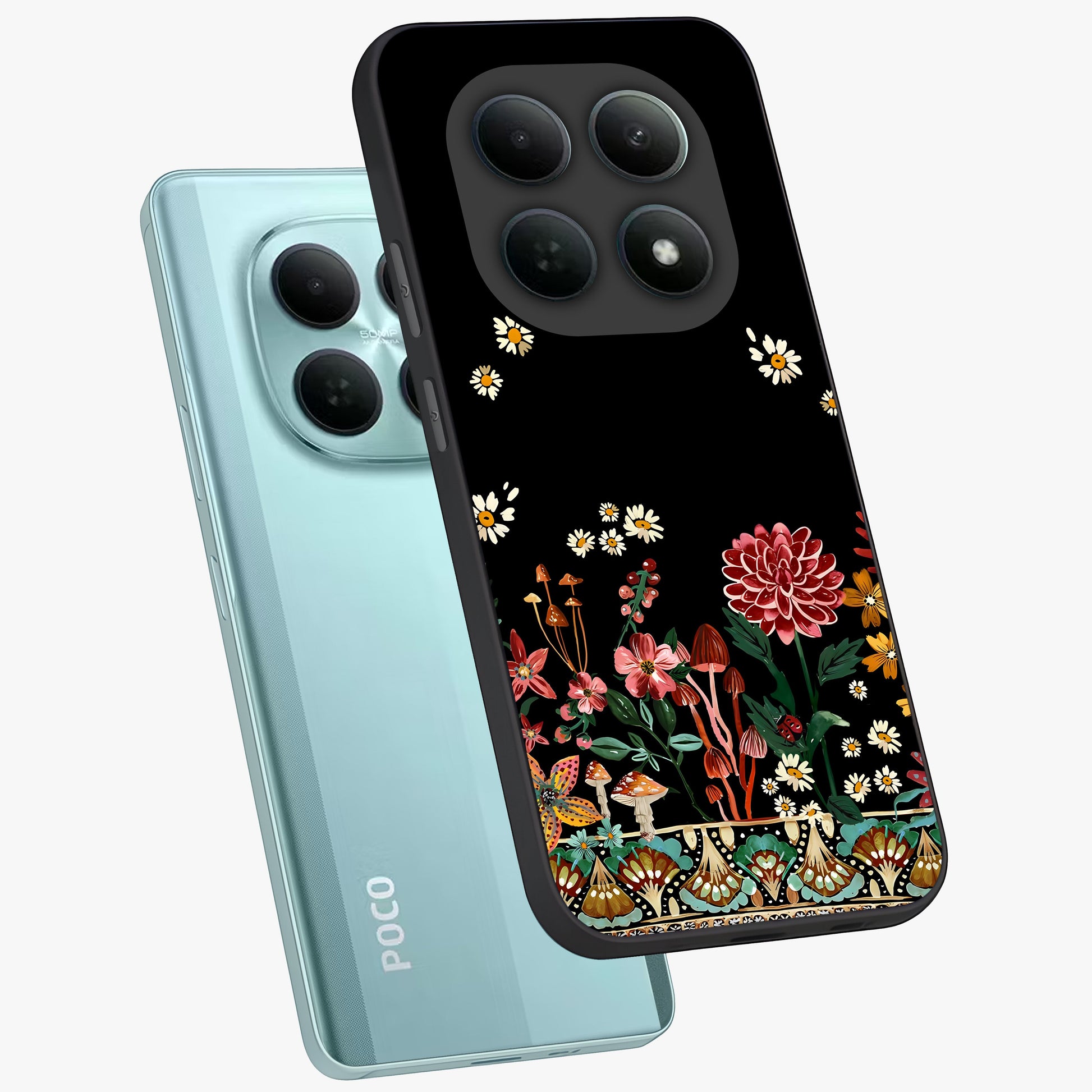 Midnight Bloom Pattern Glass Case displayed in angled mockup highlighting elegant flower design with midnight aesthetic style.