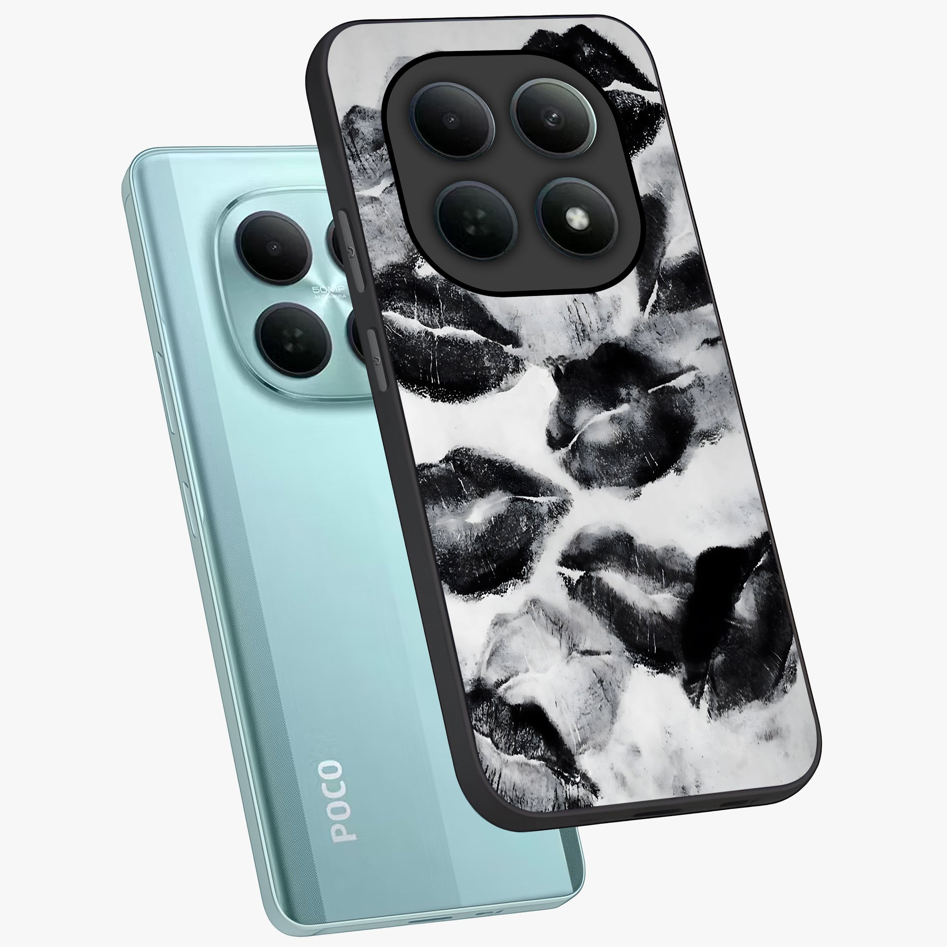 Midnight Kiss Marks Glass Case displayed in angled mockup highlighting playful romantic design with bold midnight aesthetic.