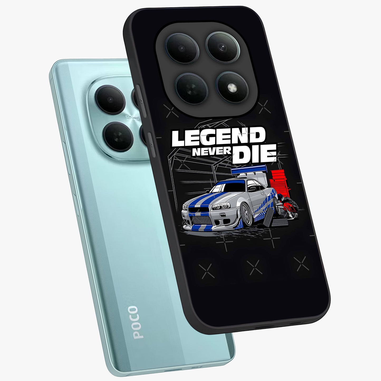 Midnight Racing Legacy Glass Case displayed in angled mockup highlighting dynamic automotive design with bold midnight aesthetic.