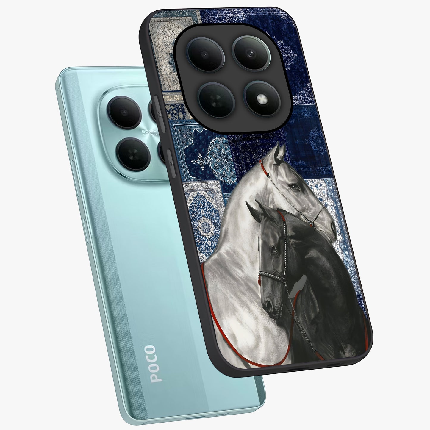 Midnight Stallion Blues Glass Case displayed in angled mockup highlighting powerful stallion illustration with deep midnight tones.
