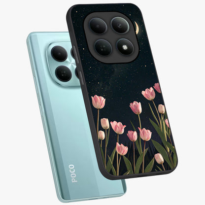 Midnight Tulip Whispers Vibe Glass Case displayed in angled mockup highlighting delicate tulip design with midnight floral aesthetic.