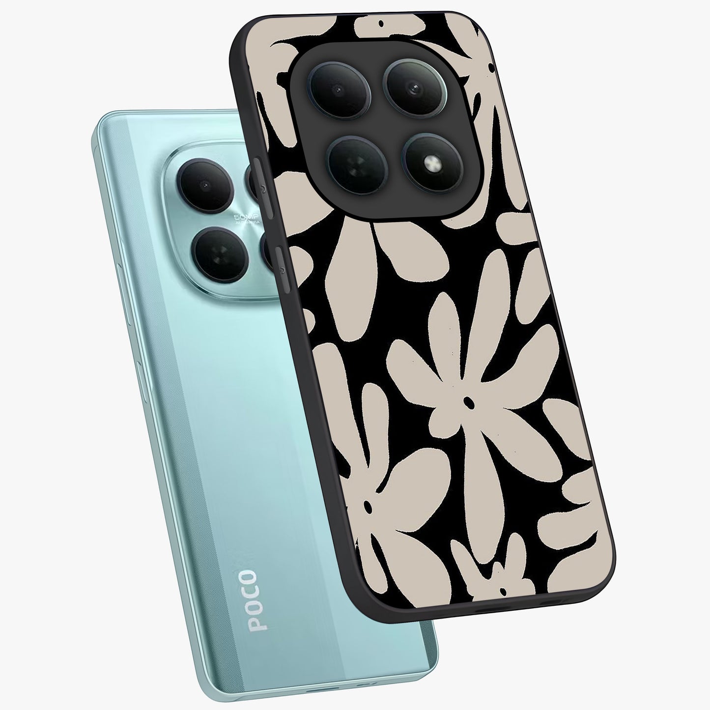 Monochrome Petal Dance Glass Case displayed in angled mockup highlighting elegant petal design with black and white aesthetic.